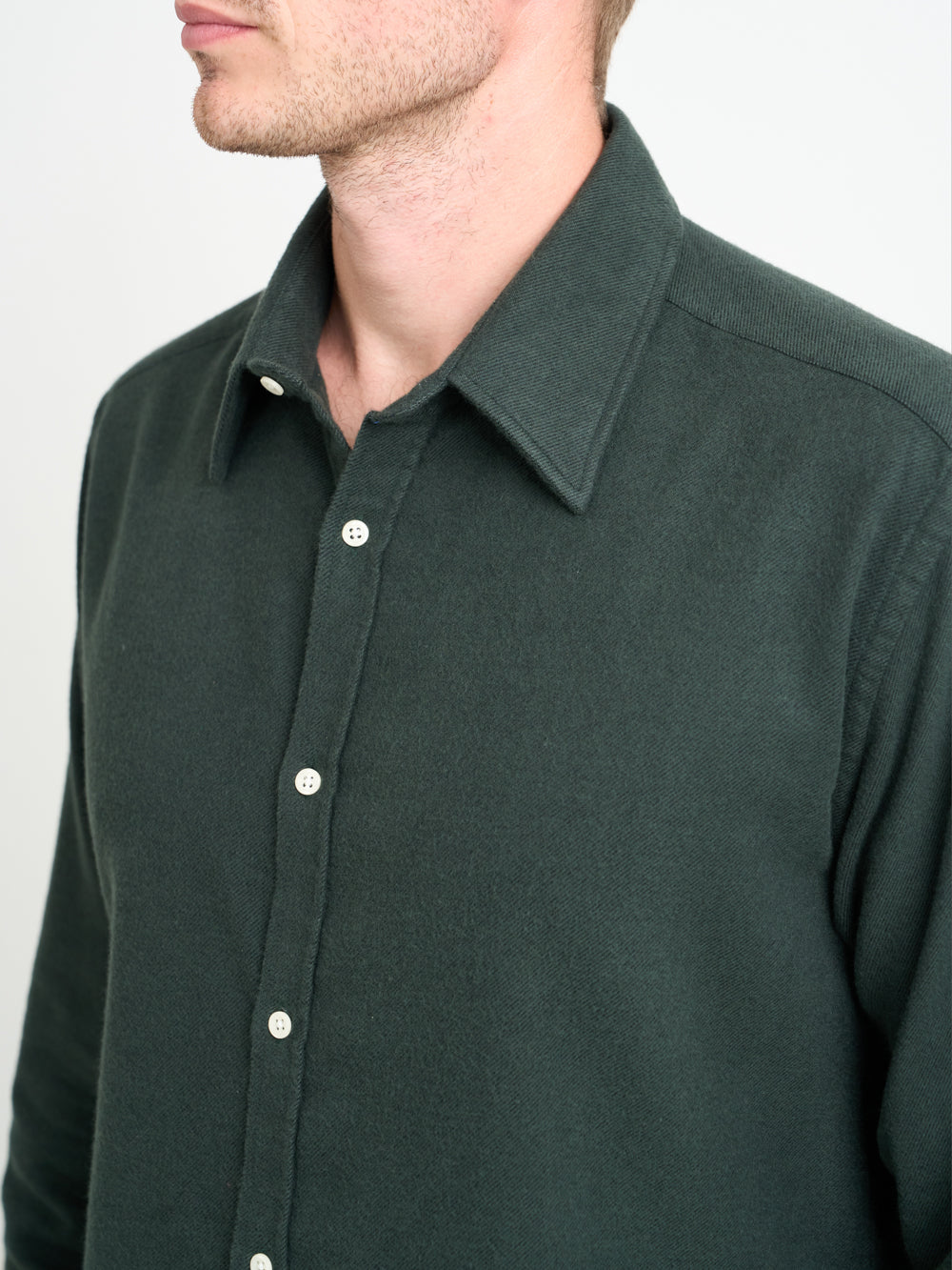 Close up collar shot of model wearing Oliver Spencer Spread Collar Organic Cotton Shirt With Stiffeners