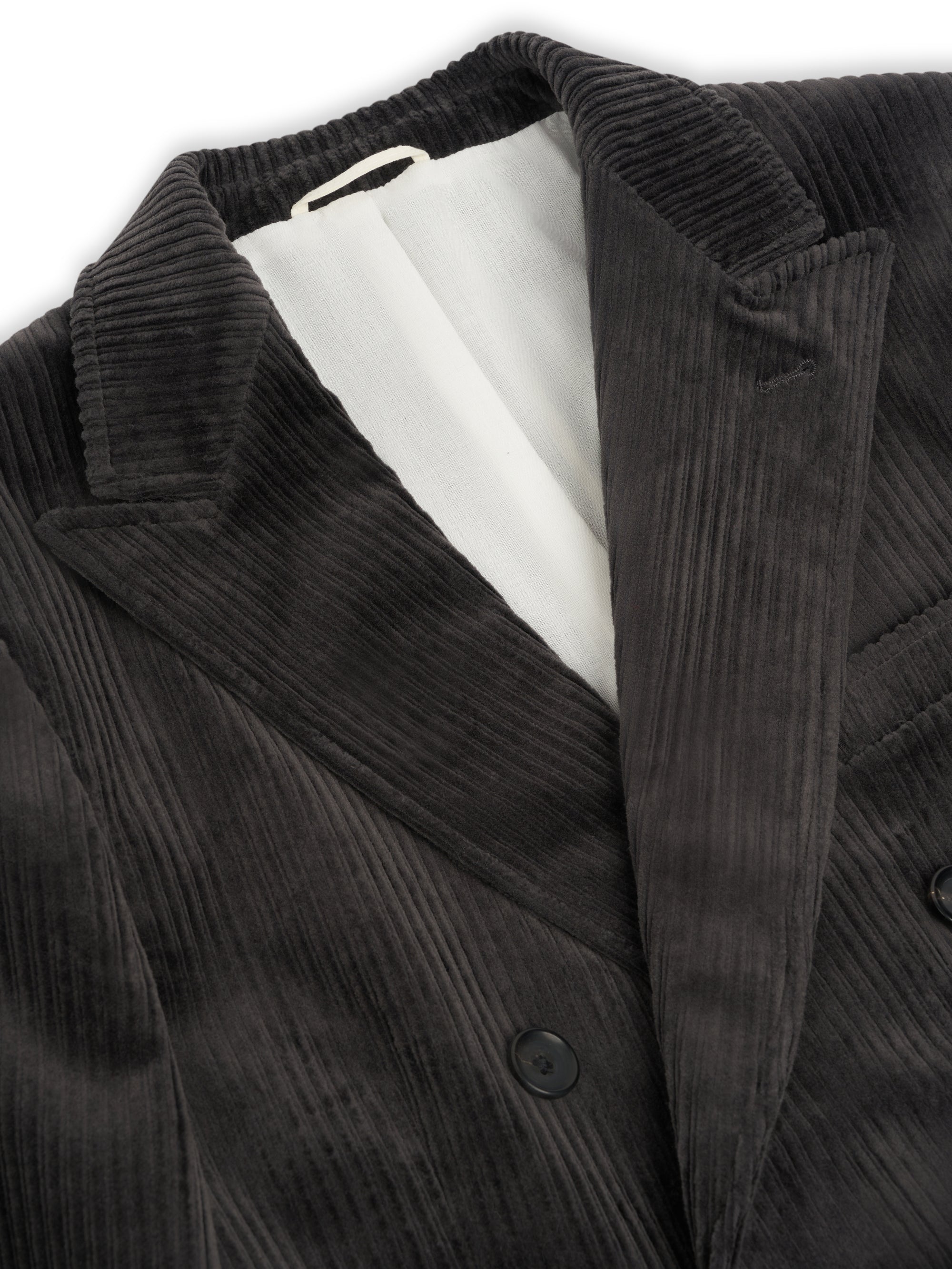 Detailed collar shot of Grey Oliver Spencer Cotton Corduroy Double-Breasted Jacket