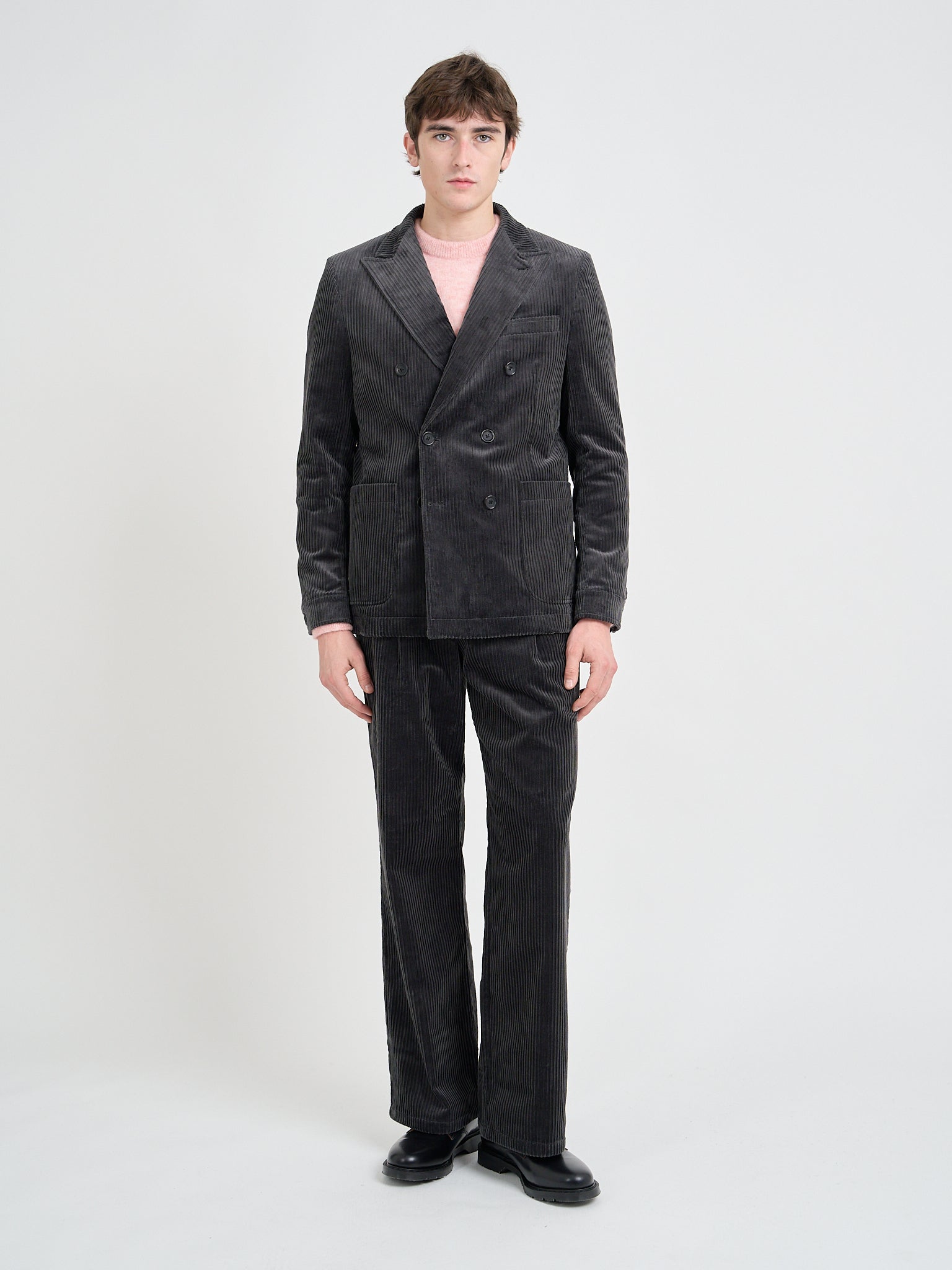 Model wearing a Grey Oliver Spencer Cotton Corduroy Double-Breasted Jacket