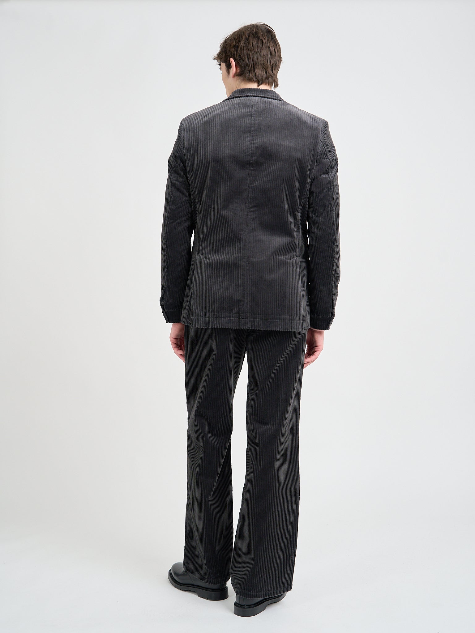 Back shot of model wearing a Grey Oliver Spencer Cotton Corduroy Double-Breasted Jacket