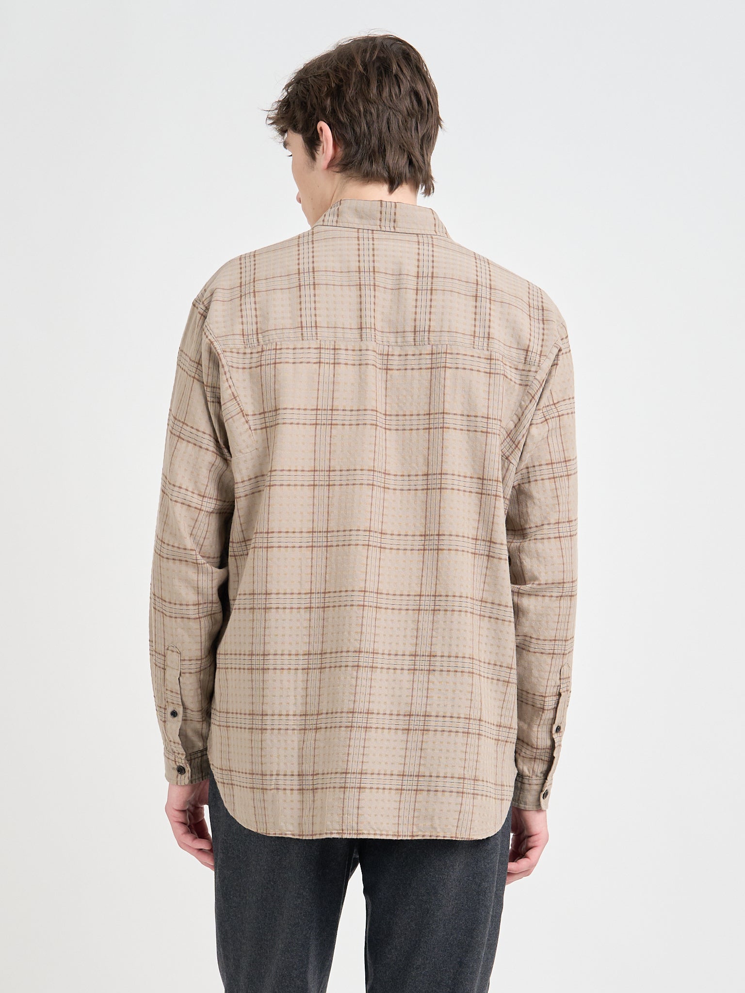 Back shot of Model wearing Oliver Spencer Men's Beige Organic Cotton Overshirt