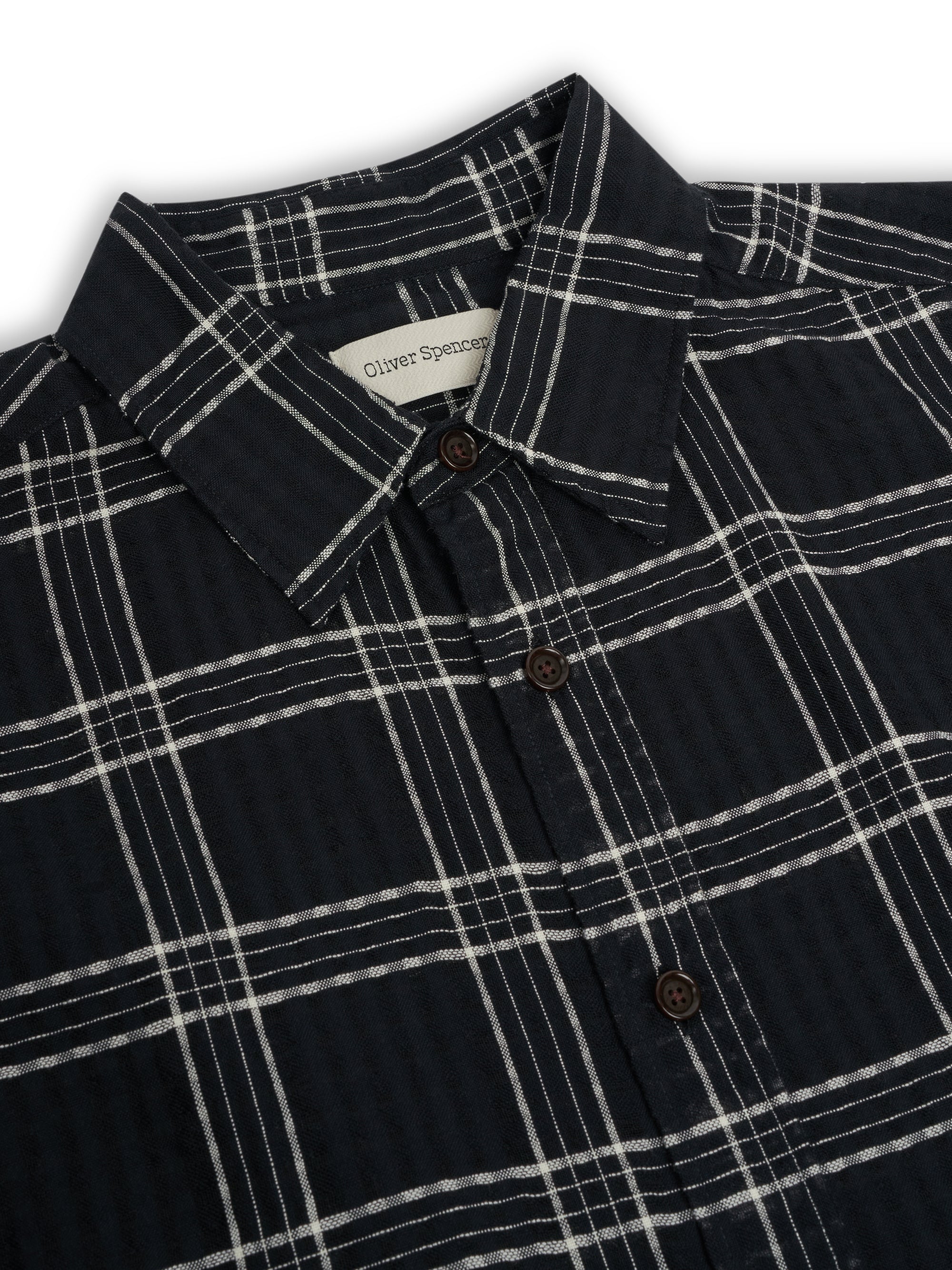 Detailed Collar shot of Oliver Spencer Men's Black Organic Cotton Check Overshirt