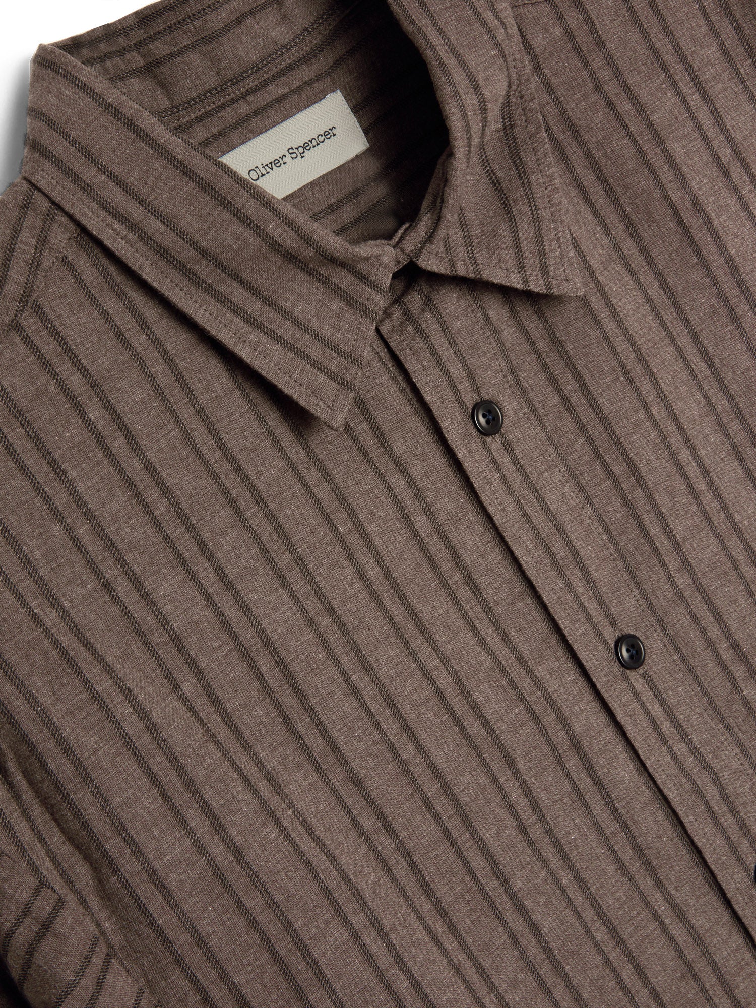 Collar shot of Oliver Spencer Men's Brown Striped Oversized Spread Collar Cotton Shirt