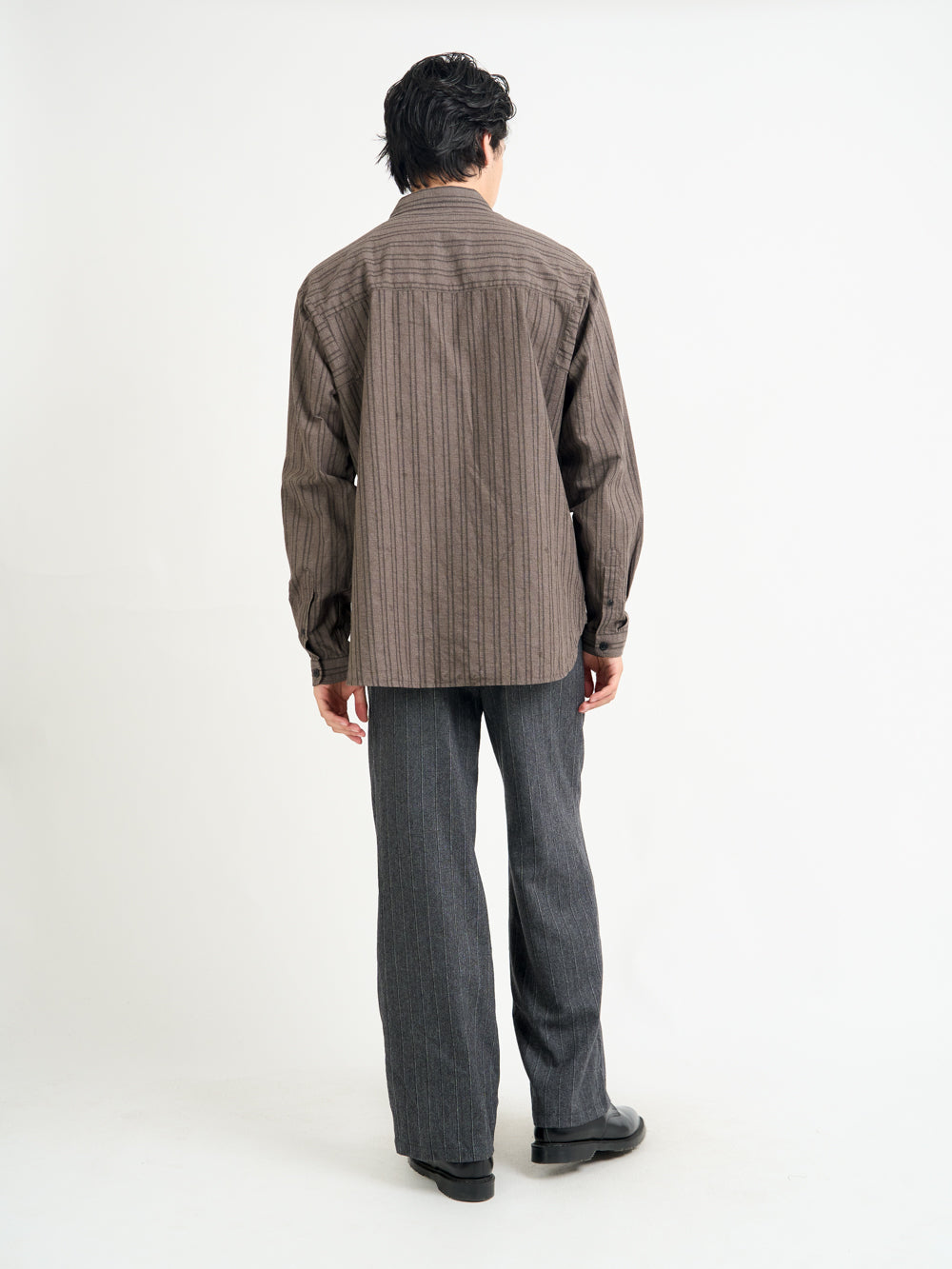 Back Shot of Model wearing Oliver Spencer Men's Brown Striped Oversized Spread Collar Cotton Shirt