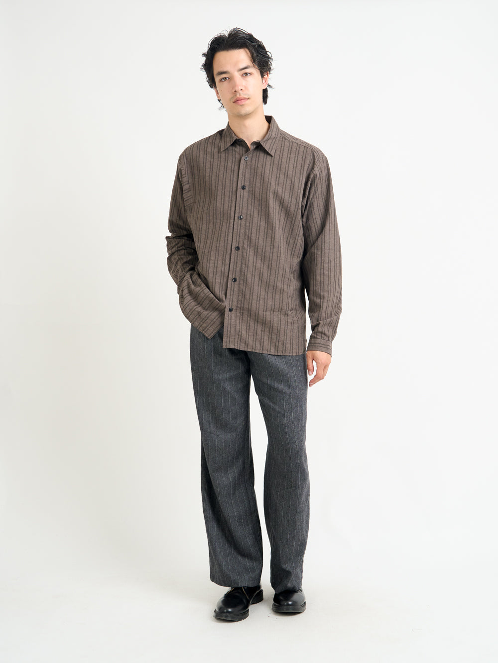 Model wearing Oliver Spencer Men's Brown Striped Oversized Spread Collar Cotton Shirt