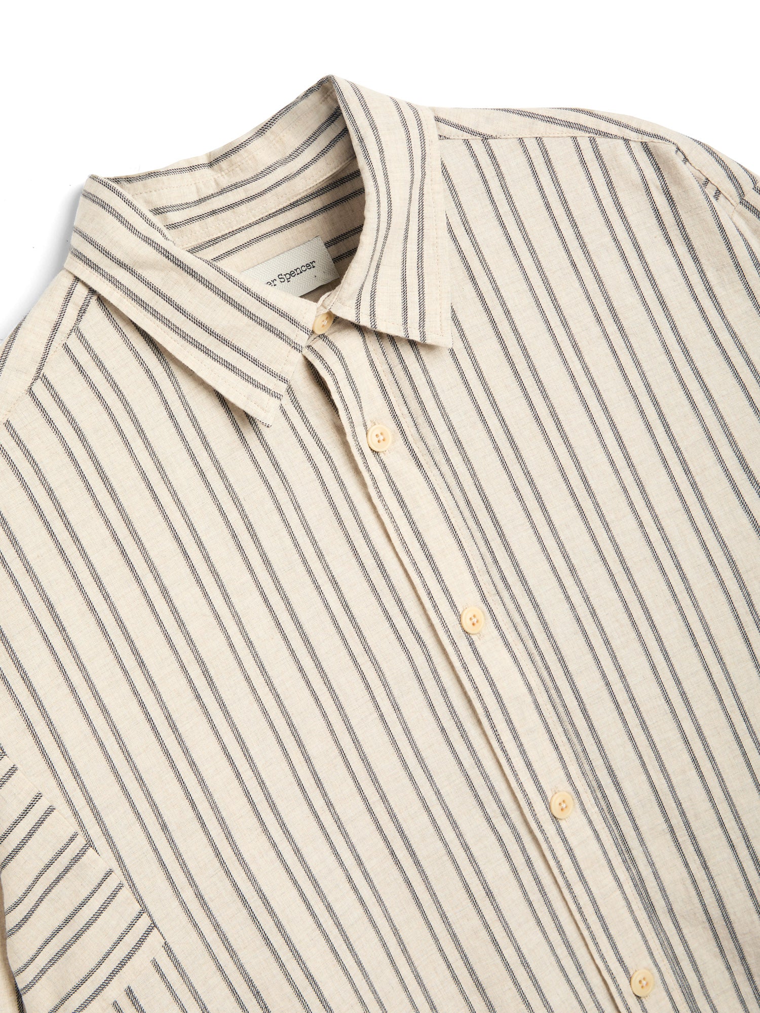 Collar shot of Oliver Spencer Men's Oversized Striped Cream Spread Collar Cotton Shirt