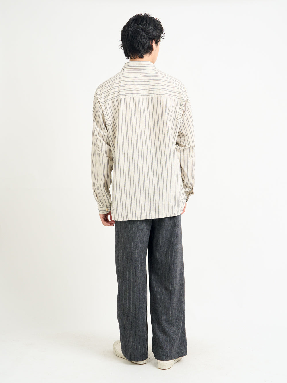 Back Shot of Model Wearing Oliver Spencer Men's Oversized Striped Cream Spread Collar Cotton Shirt
