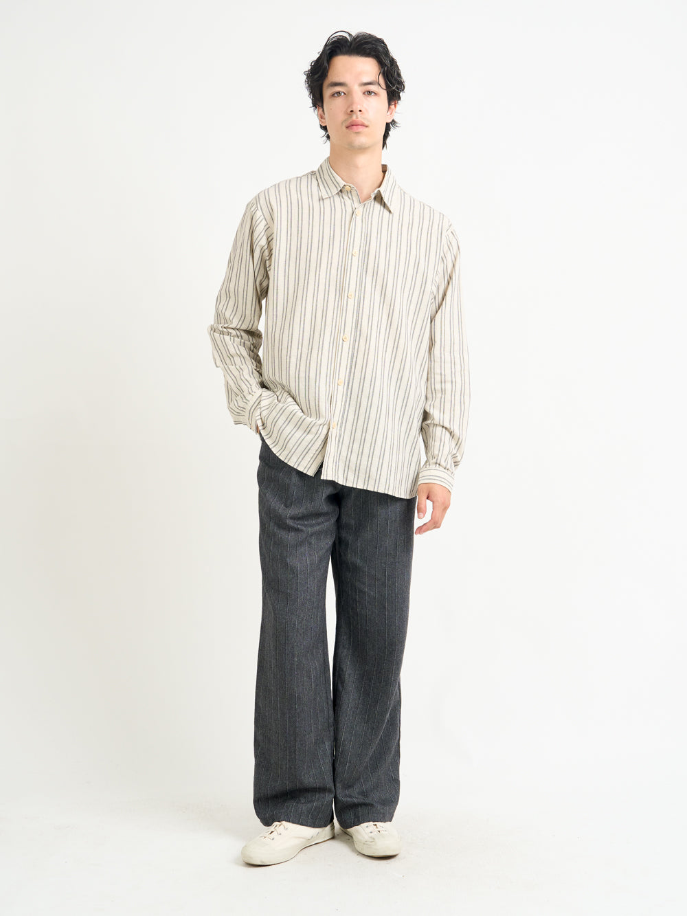 Model Wearing Oliver Spencer Men's Oversized Striped Cream Spread Collar Cotton Shirt
