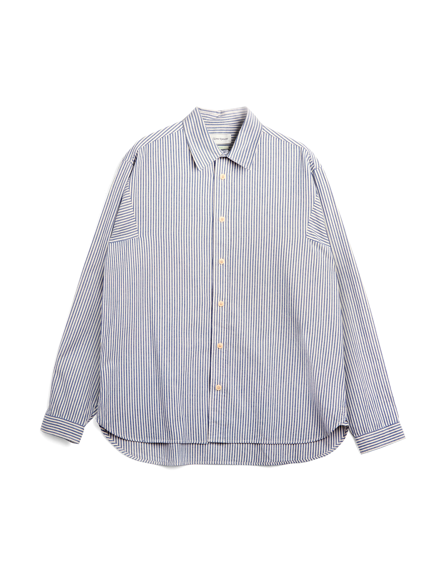 Men's Oliver Spencer Blue and White striped Oversized Spread Collar Organic Cotton Shirt Flat Shot