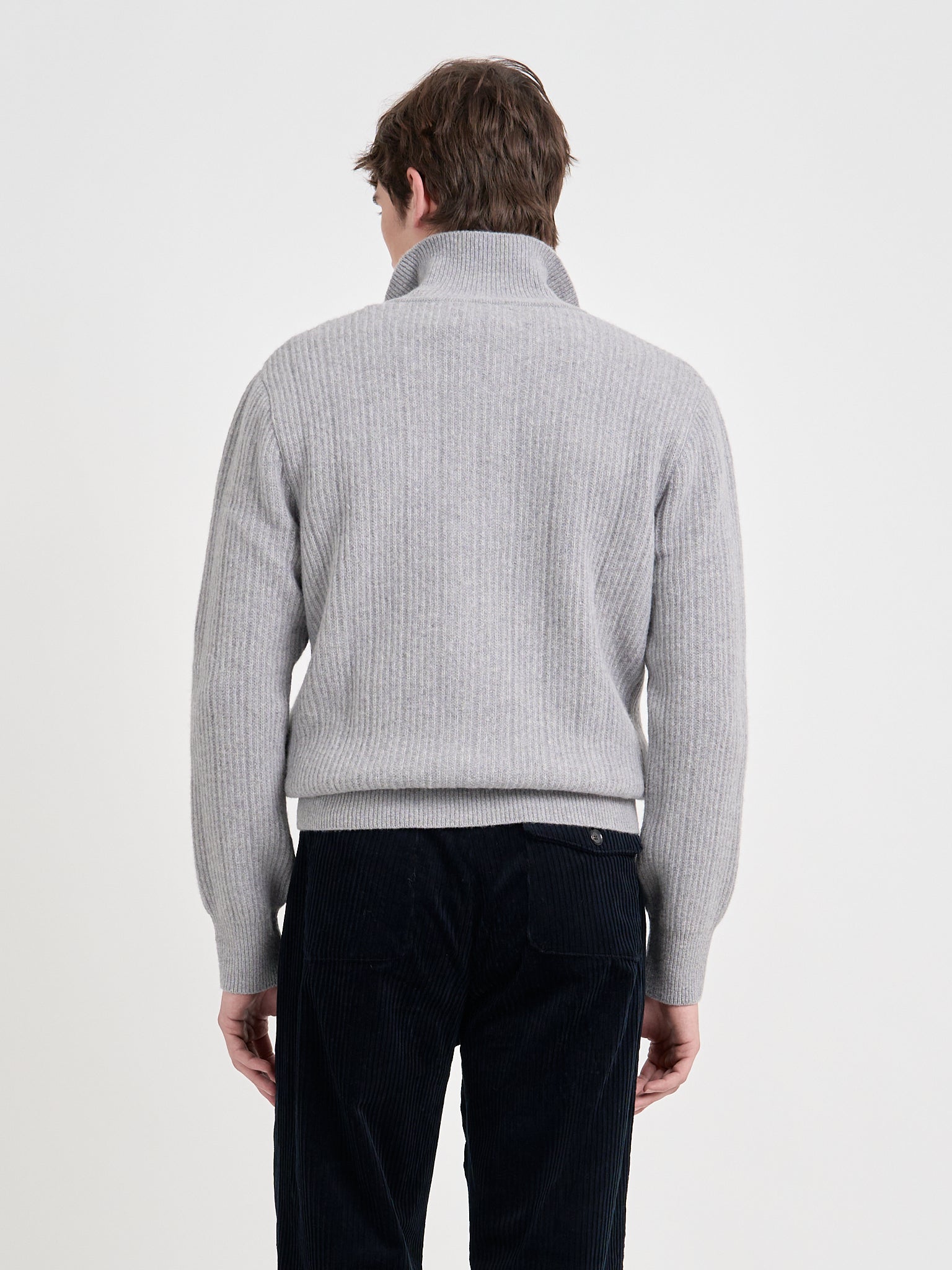 Detailed back shot of model wearing Oliver Spencer Men's Grey Zip-Through Cardigan