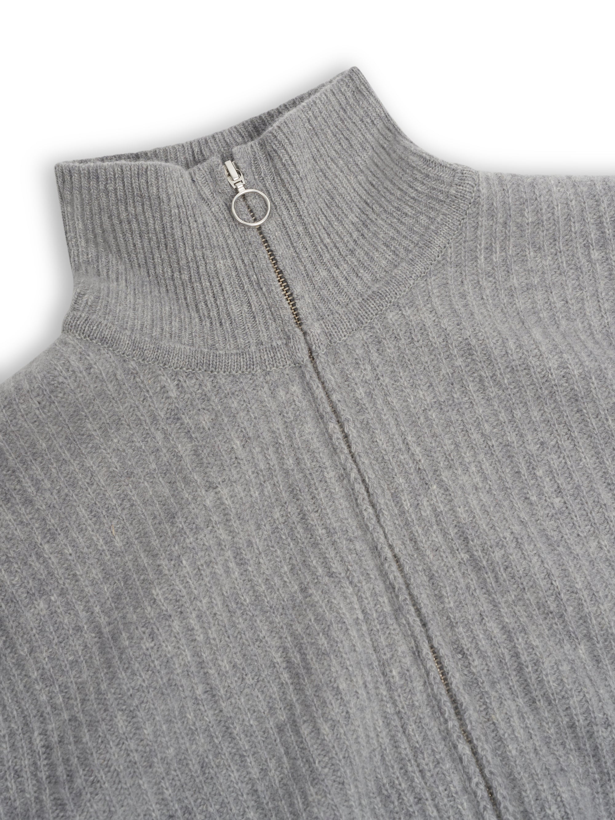 Detailed zip collar shot of Oliver Spencer Men's Grey Zip-Through Cardigan