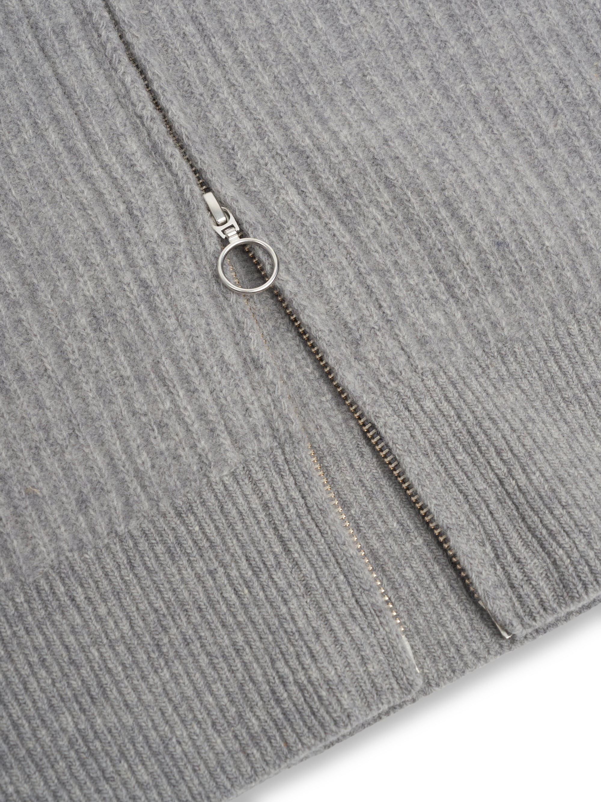 Detailed zip shot of bottom of Oliver Spencer Men's Grey Zip-Through Cardigan