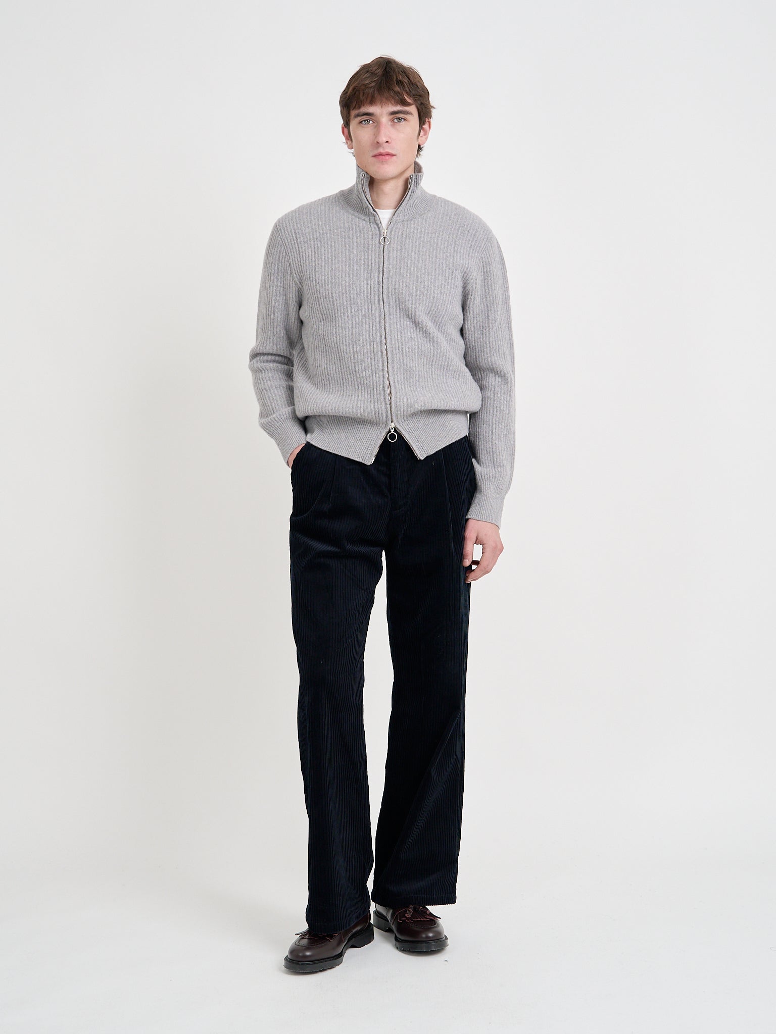 Model wearing Oliver Spencer Men's Grey Zip-Through Cardigan