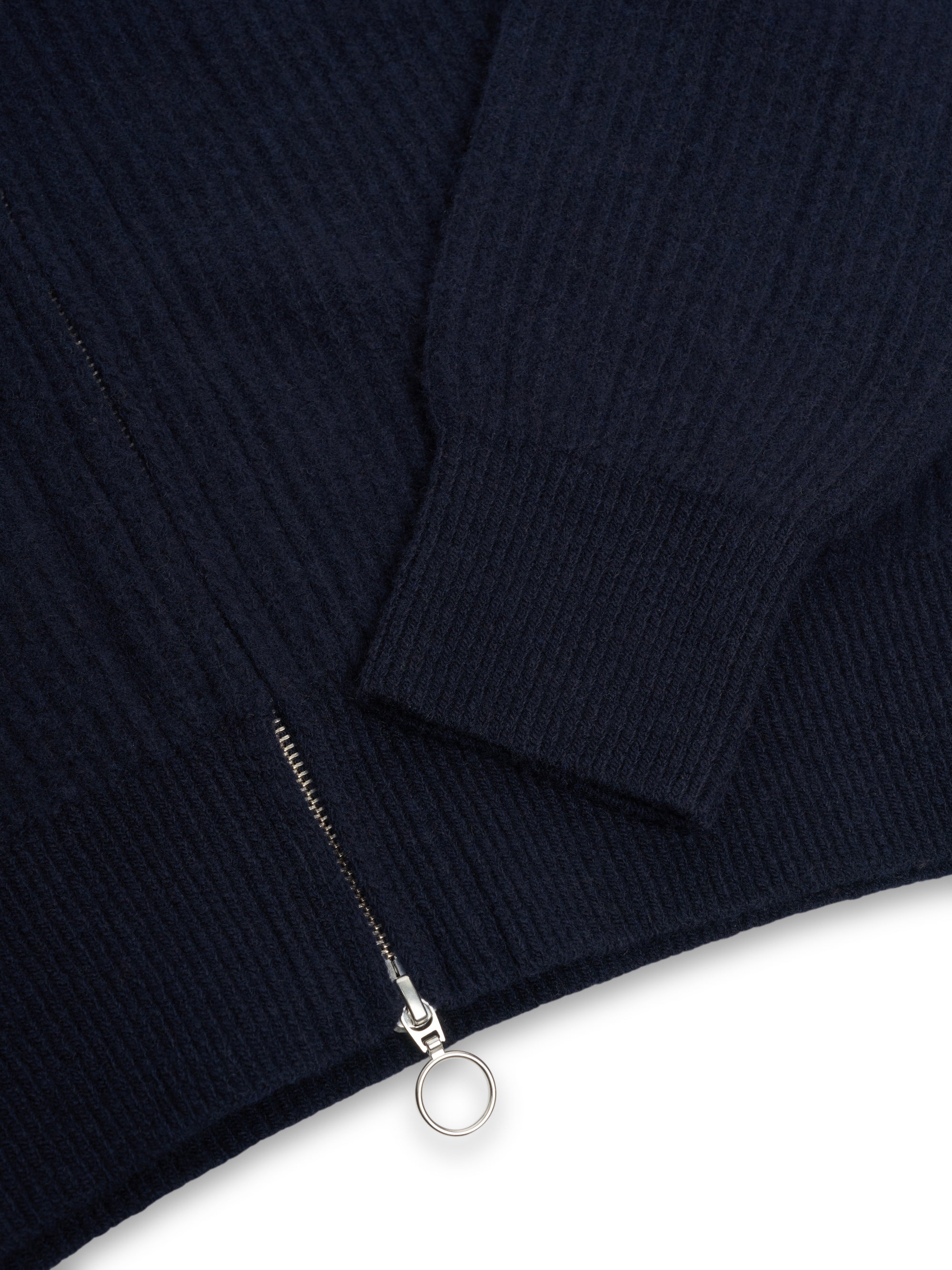 Detailed zip shot of Oliver Spencer Men's Navy Zip up Wool Cardigan