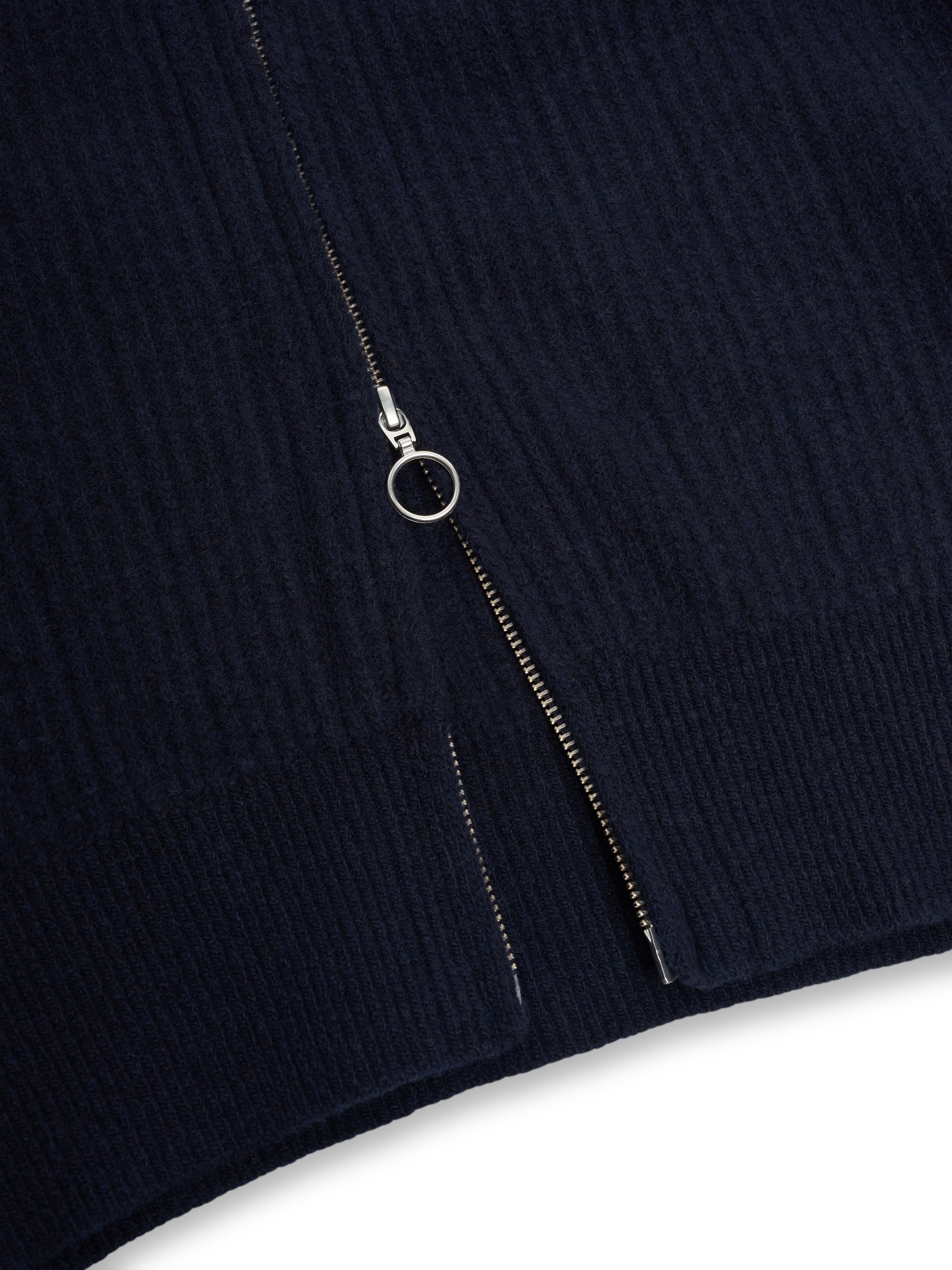 Detailed zip shot of Oliver Spencer Men's Navy Zip up Wool Cardigan