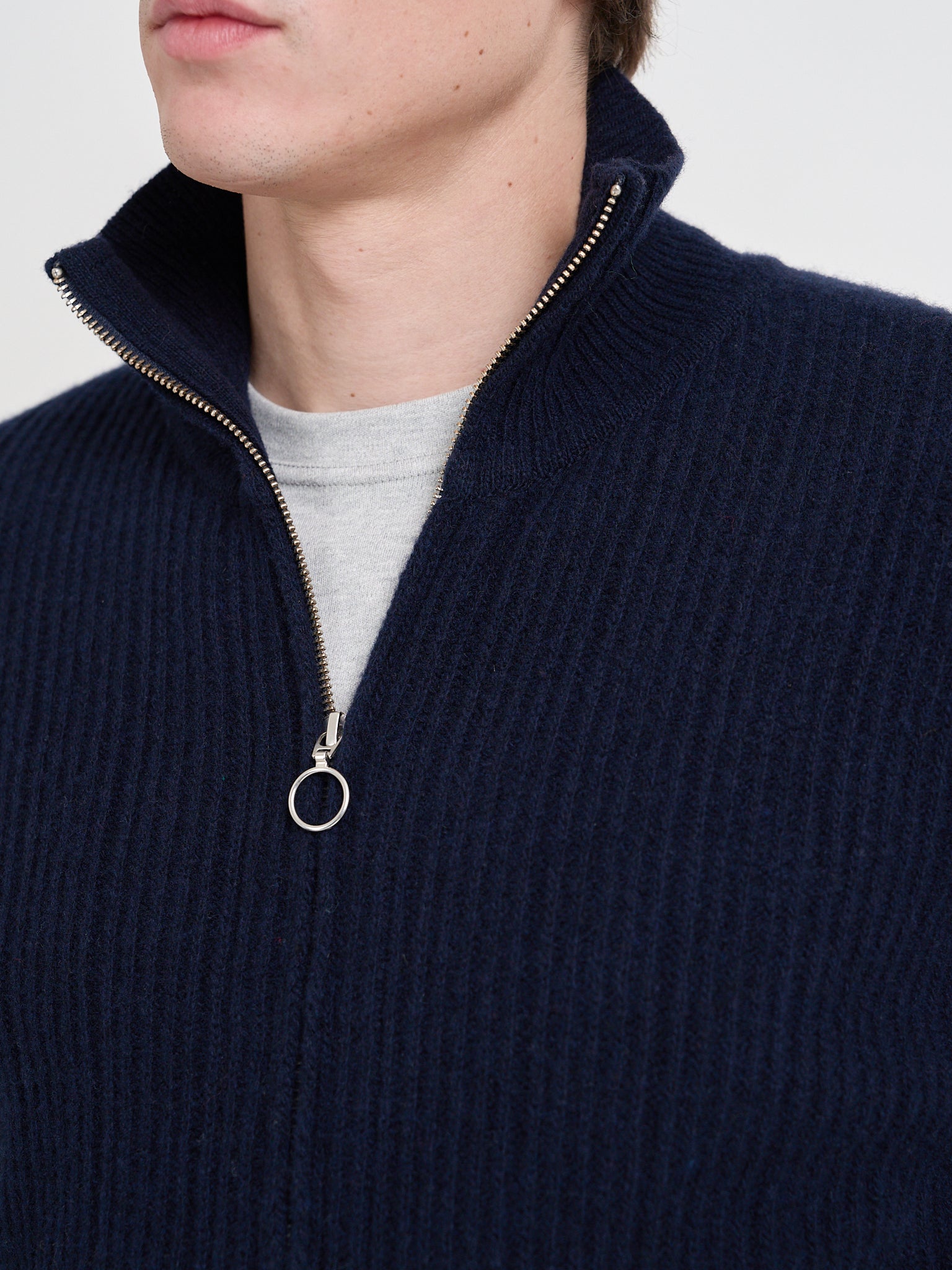 Detailed zip collar shot of Oliver Spencer Men's Navy Zip up Wool Cardigan