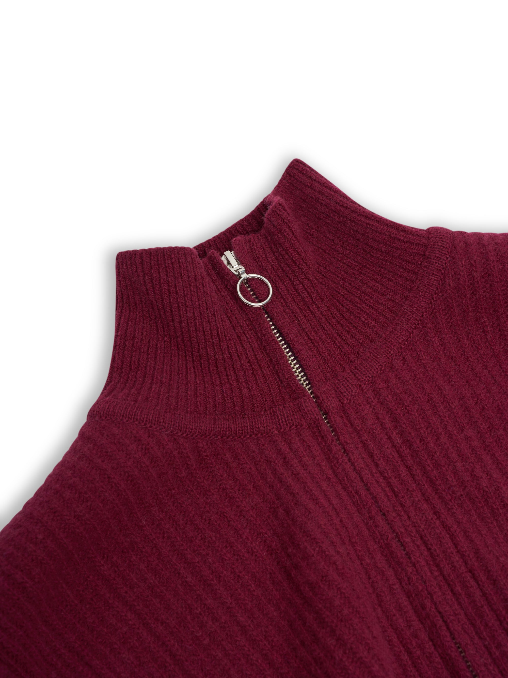 Detailed collar shot of Oliver Spencer Men's Burgundy Zip up Cardigan