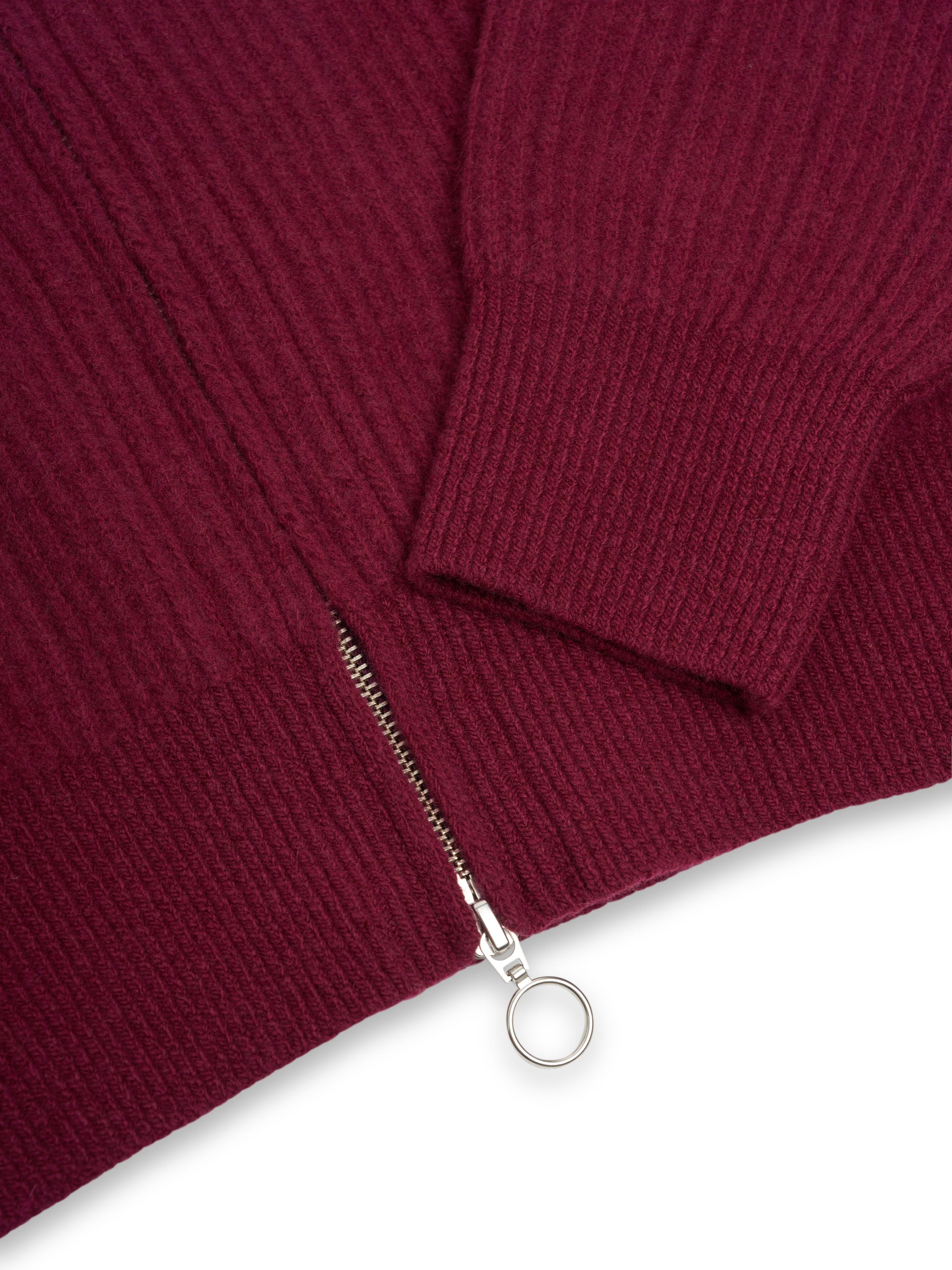 Detailed bottom zip shot of Oliver Spencer Men's Burgundy Zip up Cardigan