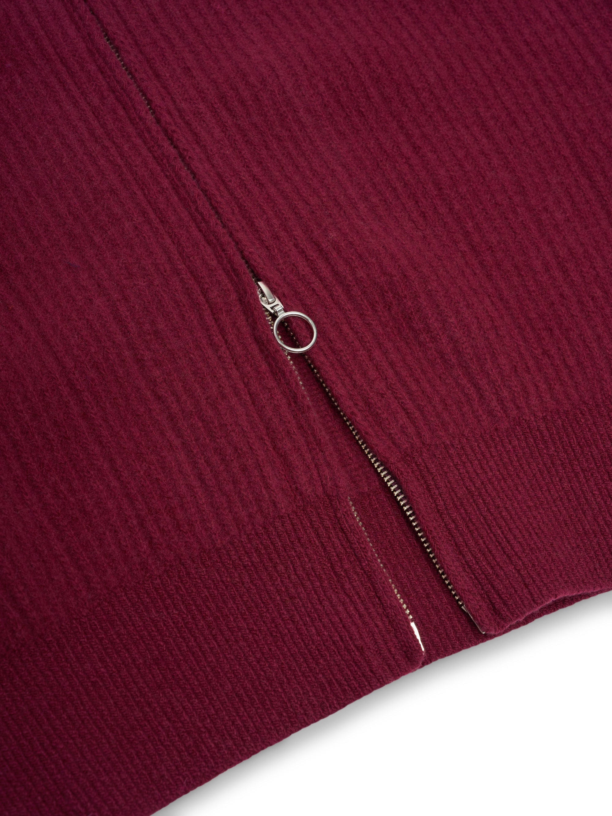 Detailed bottom zip shot of Oliver Spencer Men's Burgundy Zip up Cardigan