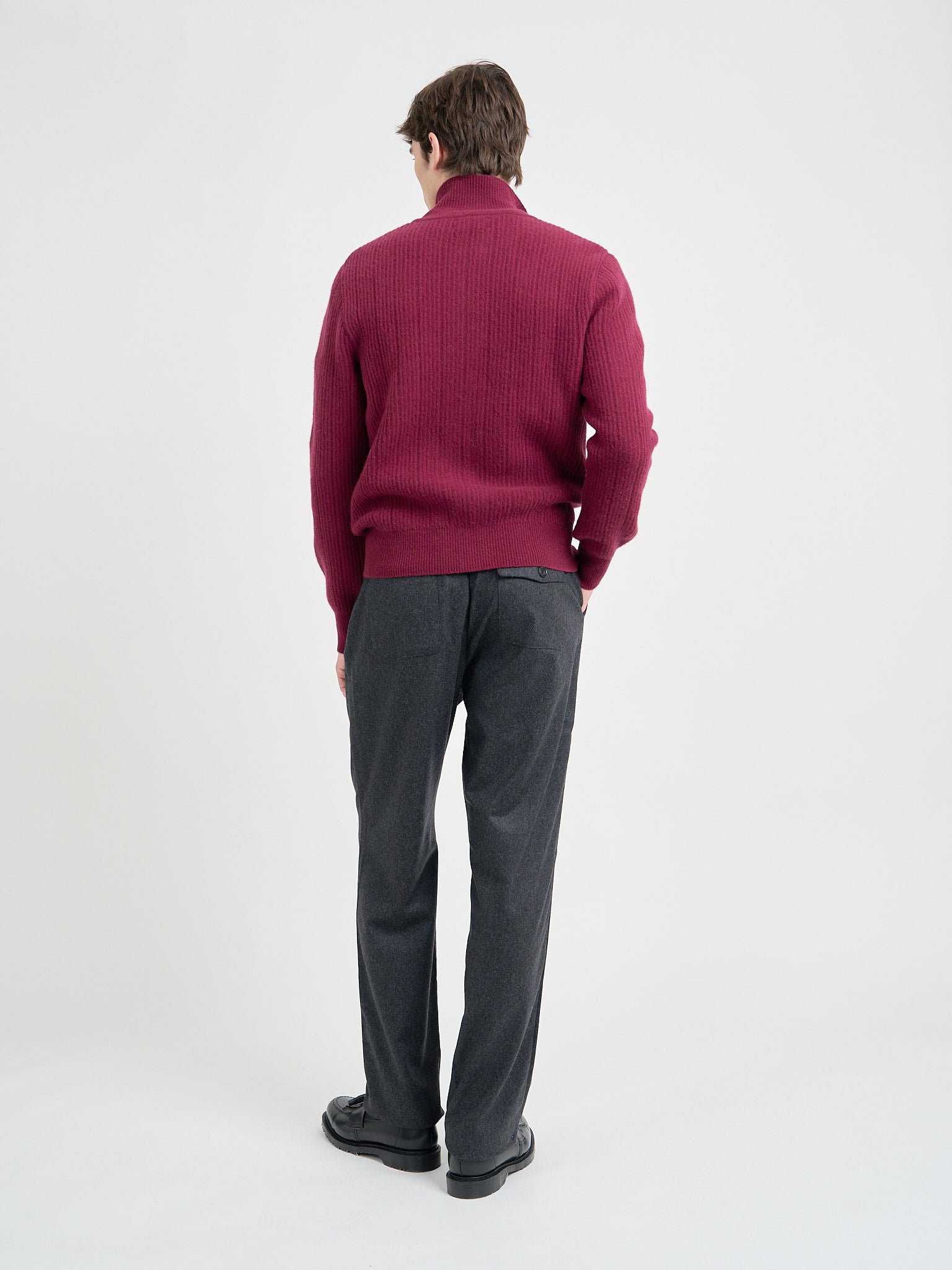 Back shot of model wearing Oliver Spencer Men's Burgundy Zip up Cardigan