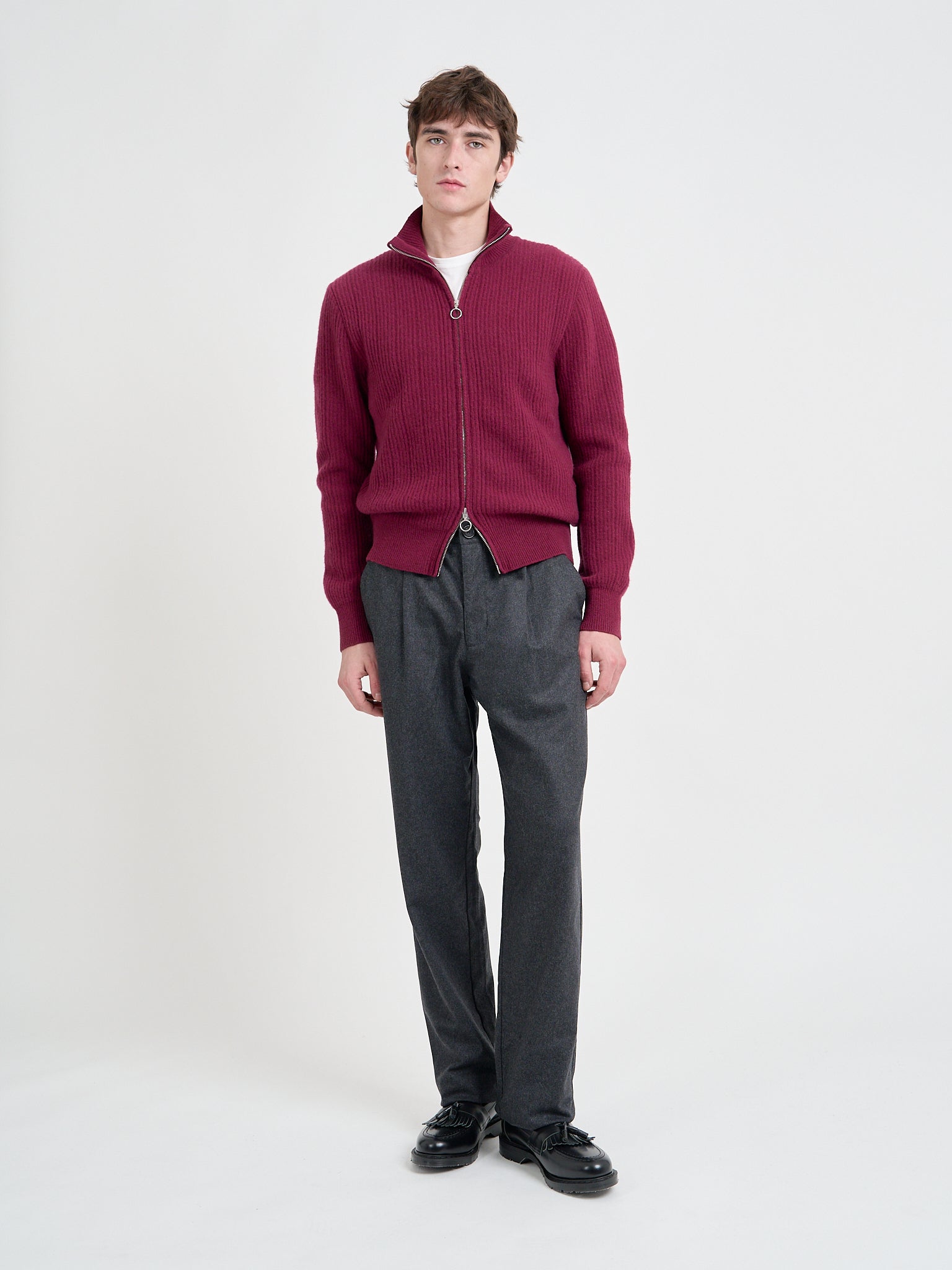 Model wearing Oliver Spencer Men's Burgundy Zip up Cardigan