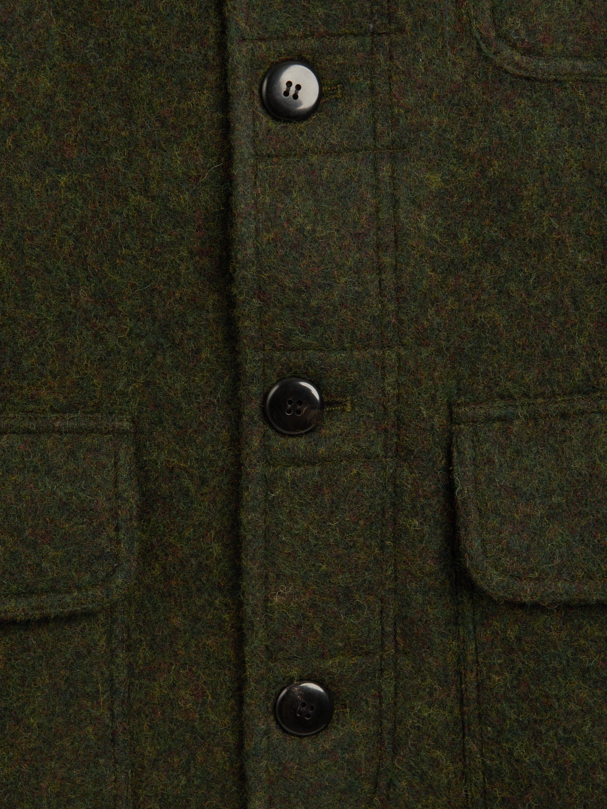 Detailed button shot of Oliver Spencer Men&#39;s Green Midweight Wool Field Jacket 
