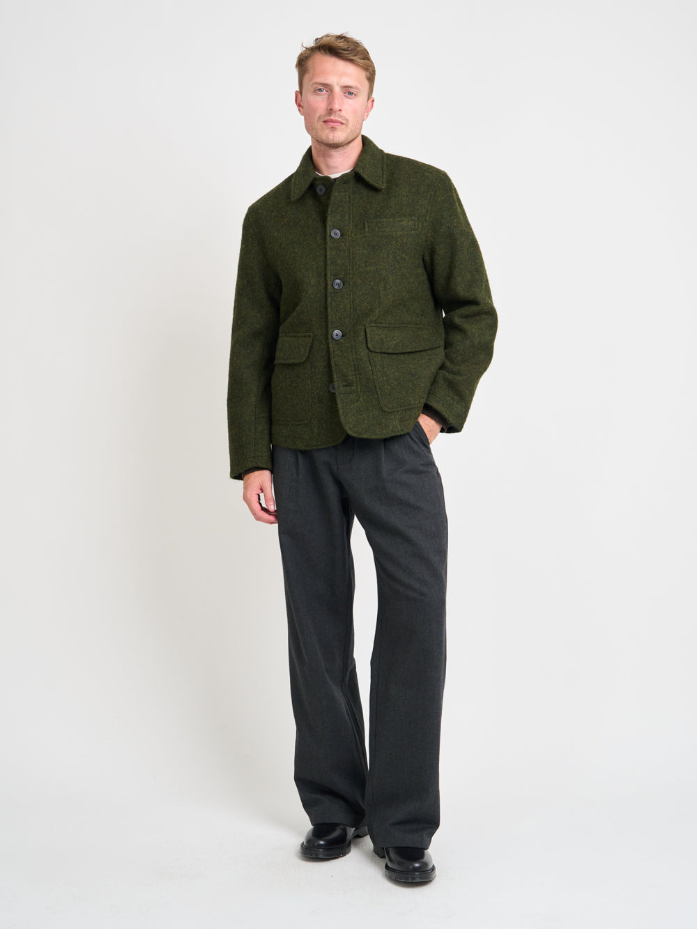Model wearing Oliver Spencer Men's Green Midweight Wool Field Jacket