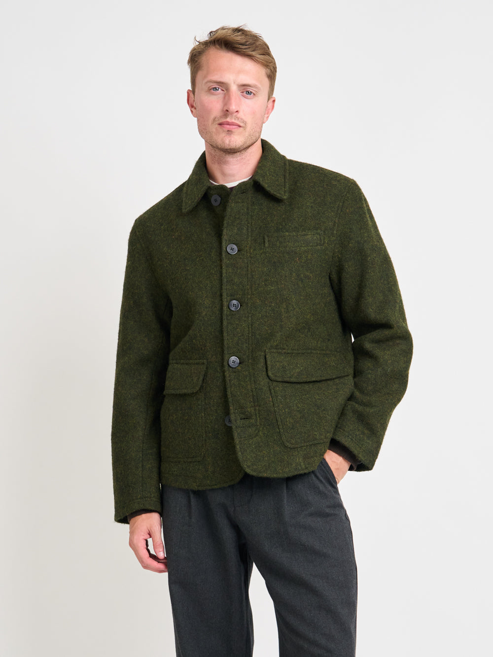 Detailed shot of model wearing Oliver Spencer Men&#39;s Green Midweight Wool Field Jacket 