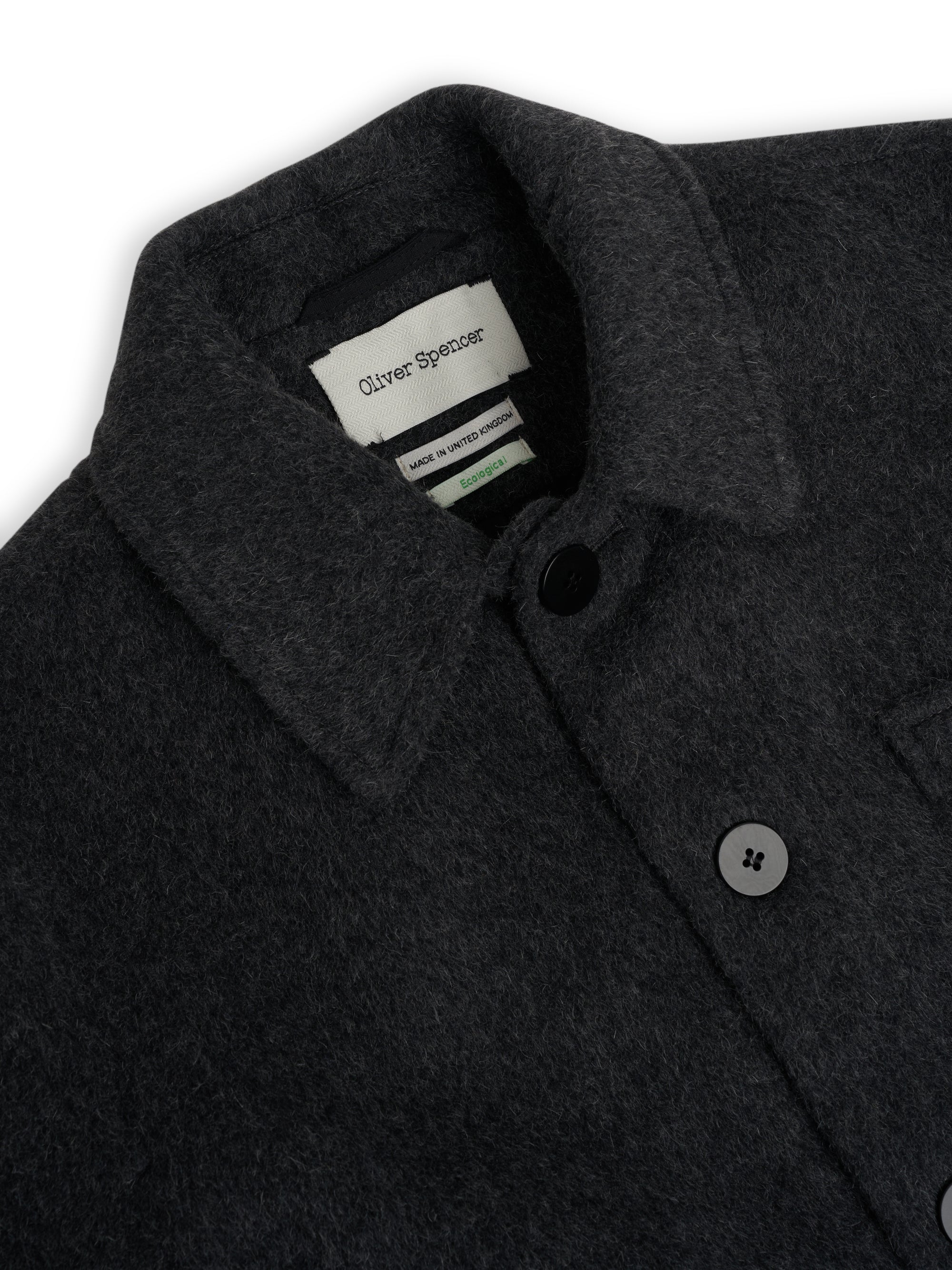 Close up collar shot of Oliver Spencer Men's Charcoal Recycled Wool And Mohair Chore Jacket