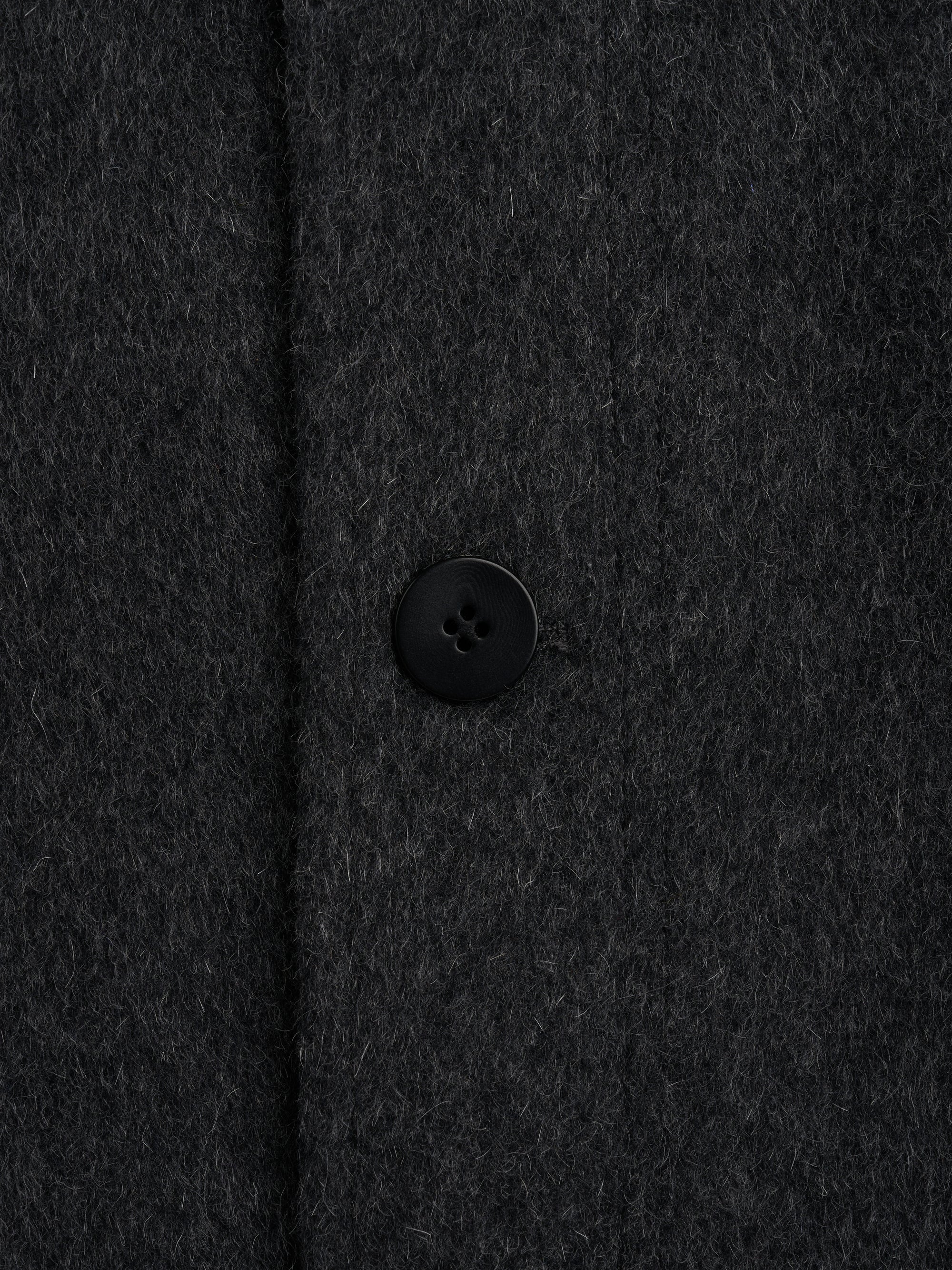 Close up button shot of Oliver Spencer Men's Charcoal Recycled Wool And Mohair Chore Jacket