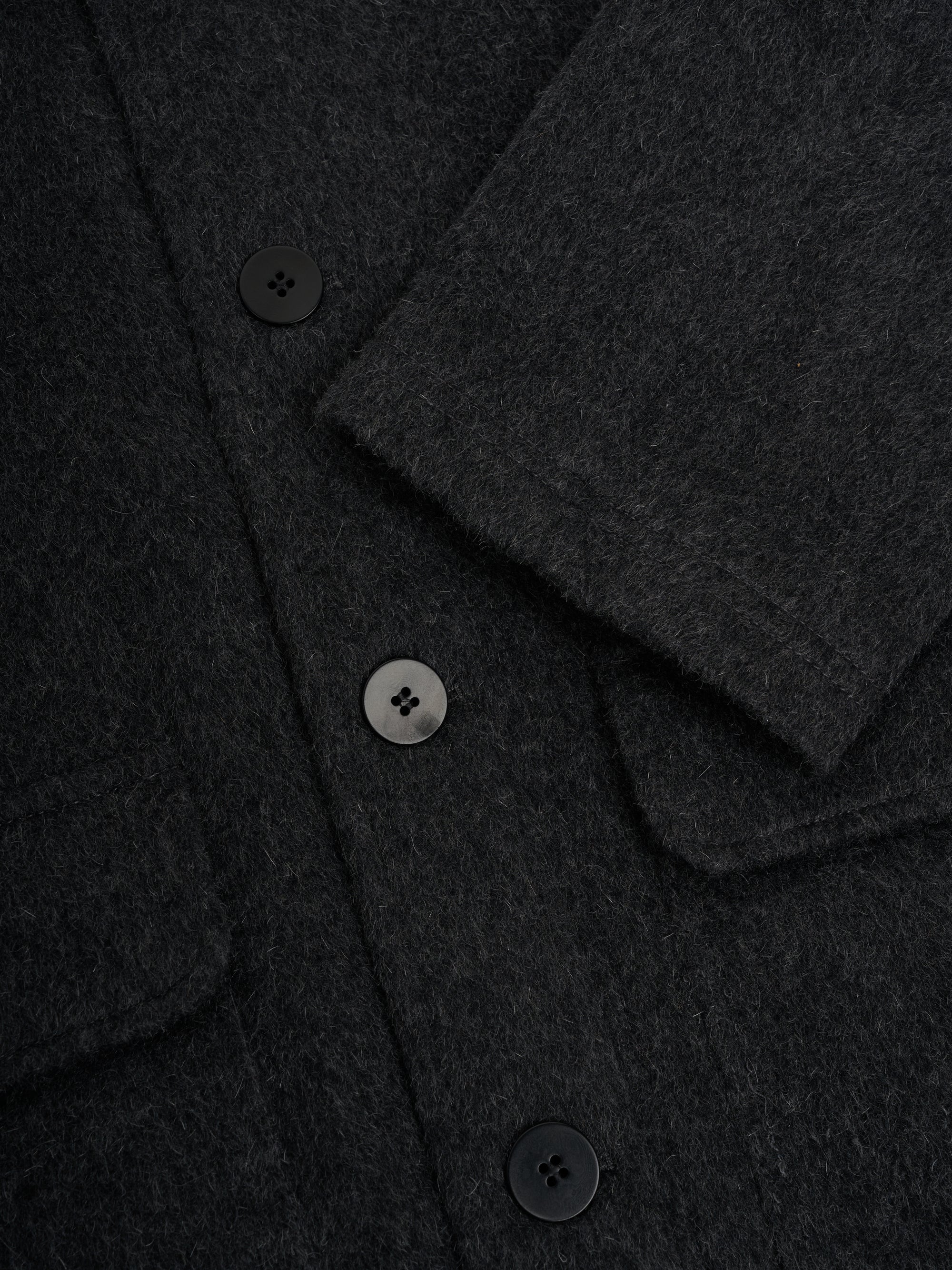 Close up cuff shot of Oliver Spencer Men's Charcoal Recycled Wool And Mohair Chore Jacket