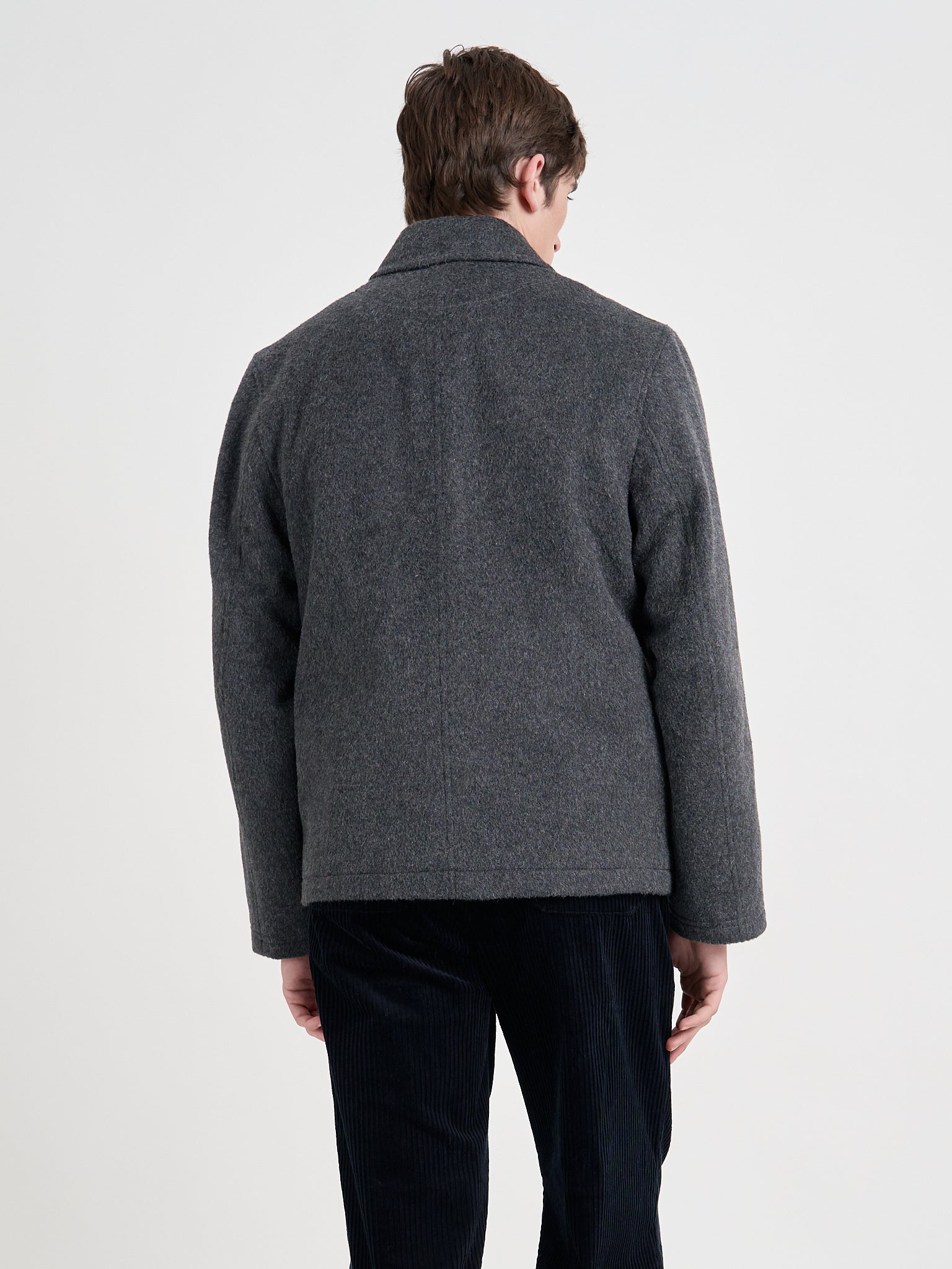 Close up back shot of model wearing Oliver Spencer Men's Charcoal Recycled Wool And Mohair Chore Jacket