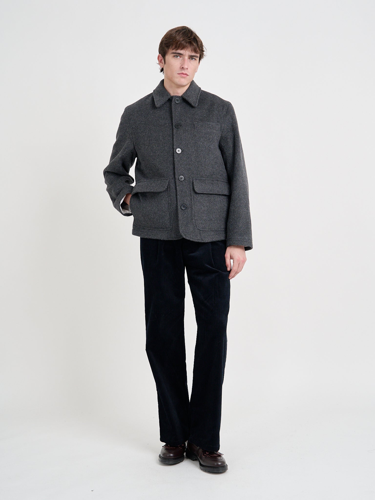 Model wearing Oliver Spencer Men's Charcoal Recycled Wool And Mohair Chore Jacket