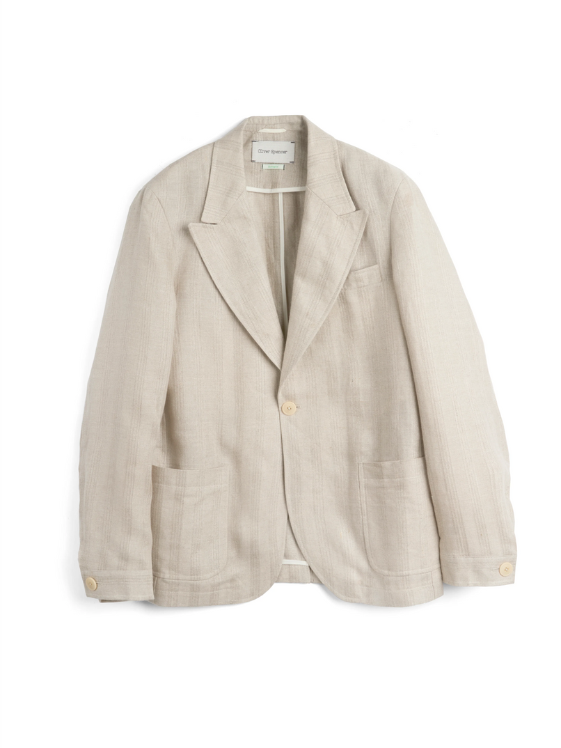 Oliver Spencer Men's Single Breasted Peak Lapel Cream Linen Jacket