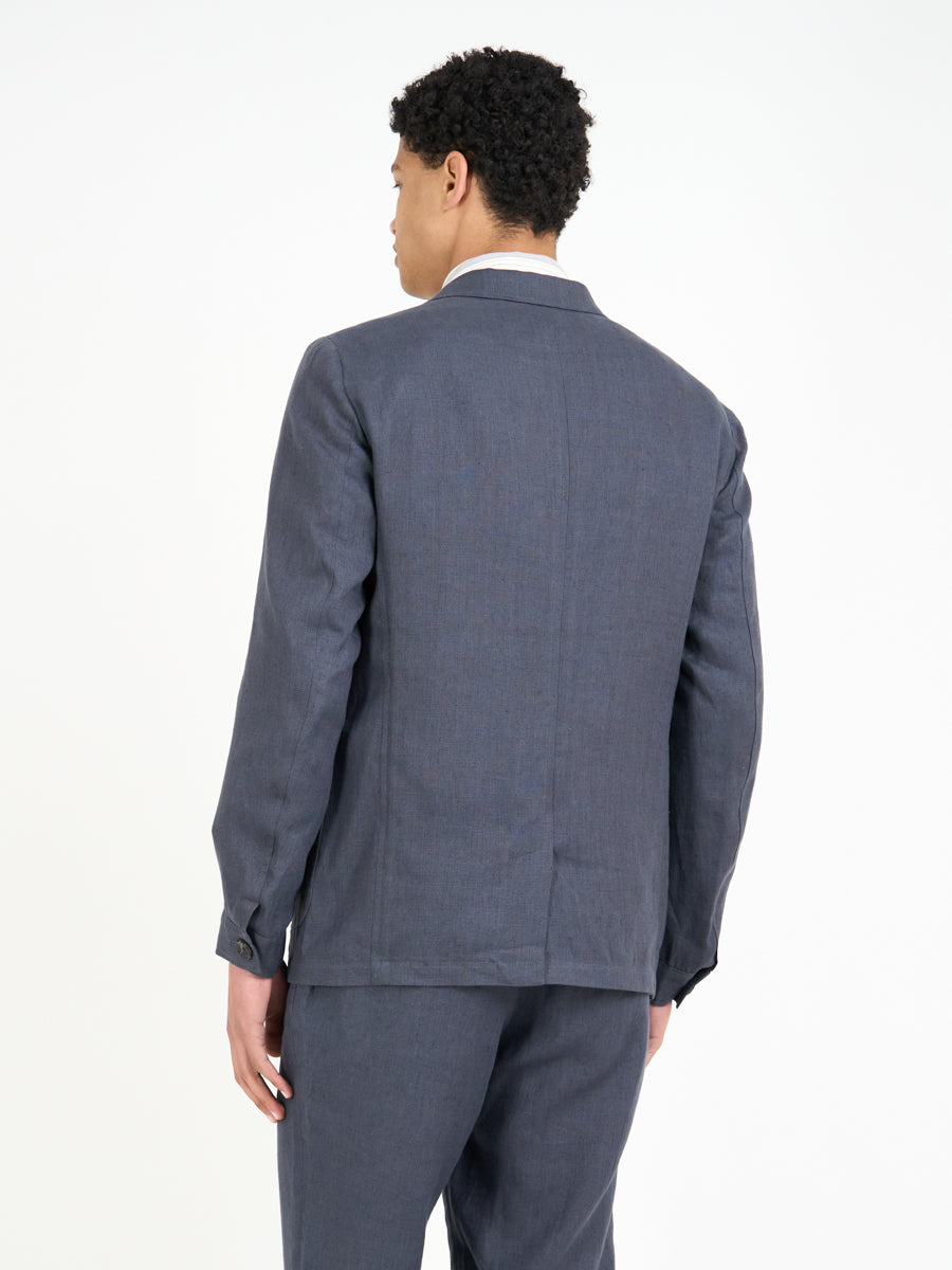 Detailed back shot of model wearing Oliver Spencer Men's Single Breasted Peak Lapel Linen Jacket