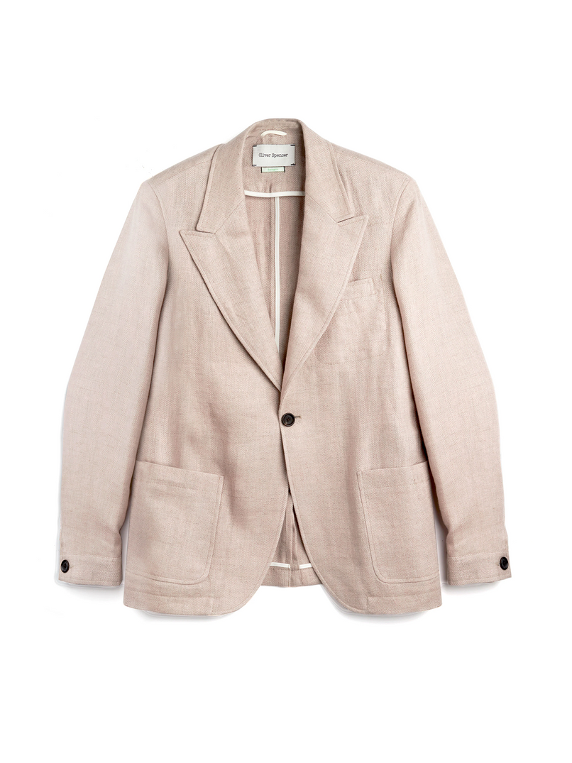 Oliver Spencer Men's Single Breasted Peak Lapel Pink Linen Jacket Flat Shot