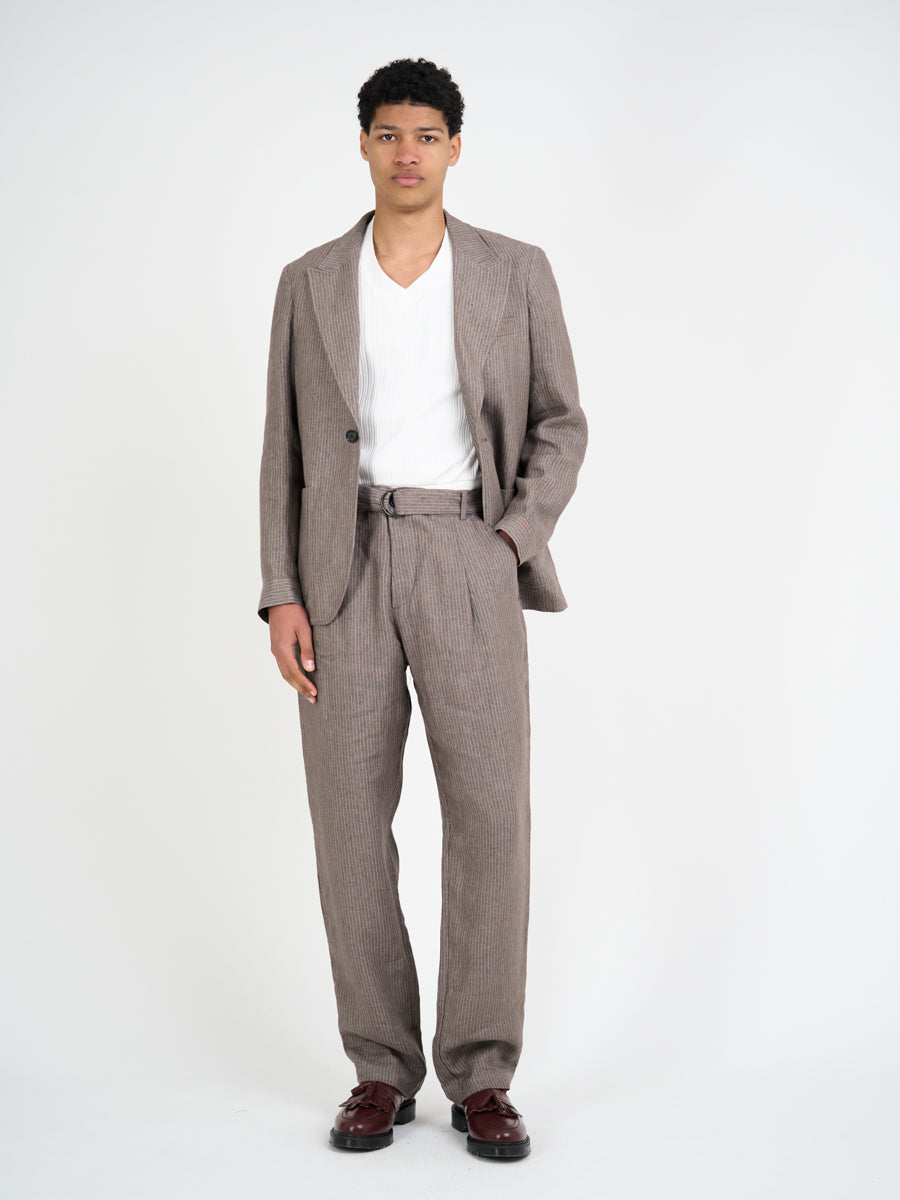 Model wearing Oliver Spencer Men's Single Breasted Peak Lapel Linen Jacket