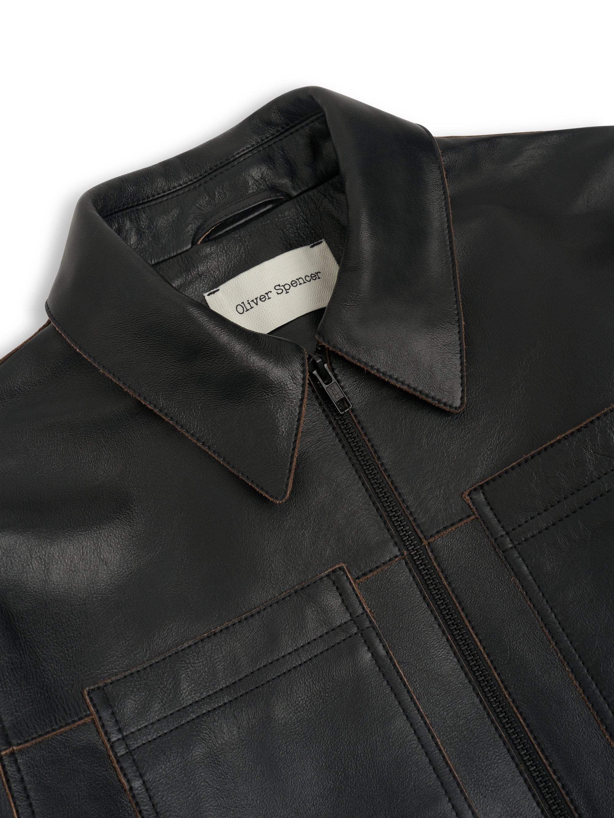 Detailed collar shot of Oliver Spencer Men's Black Leather Jacket