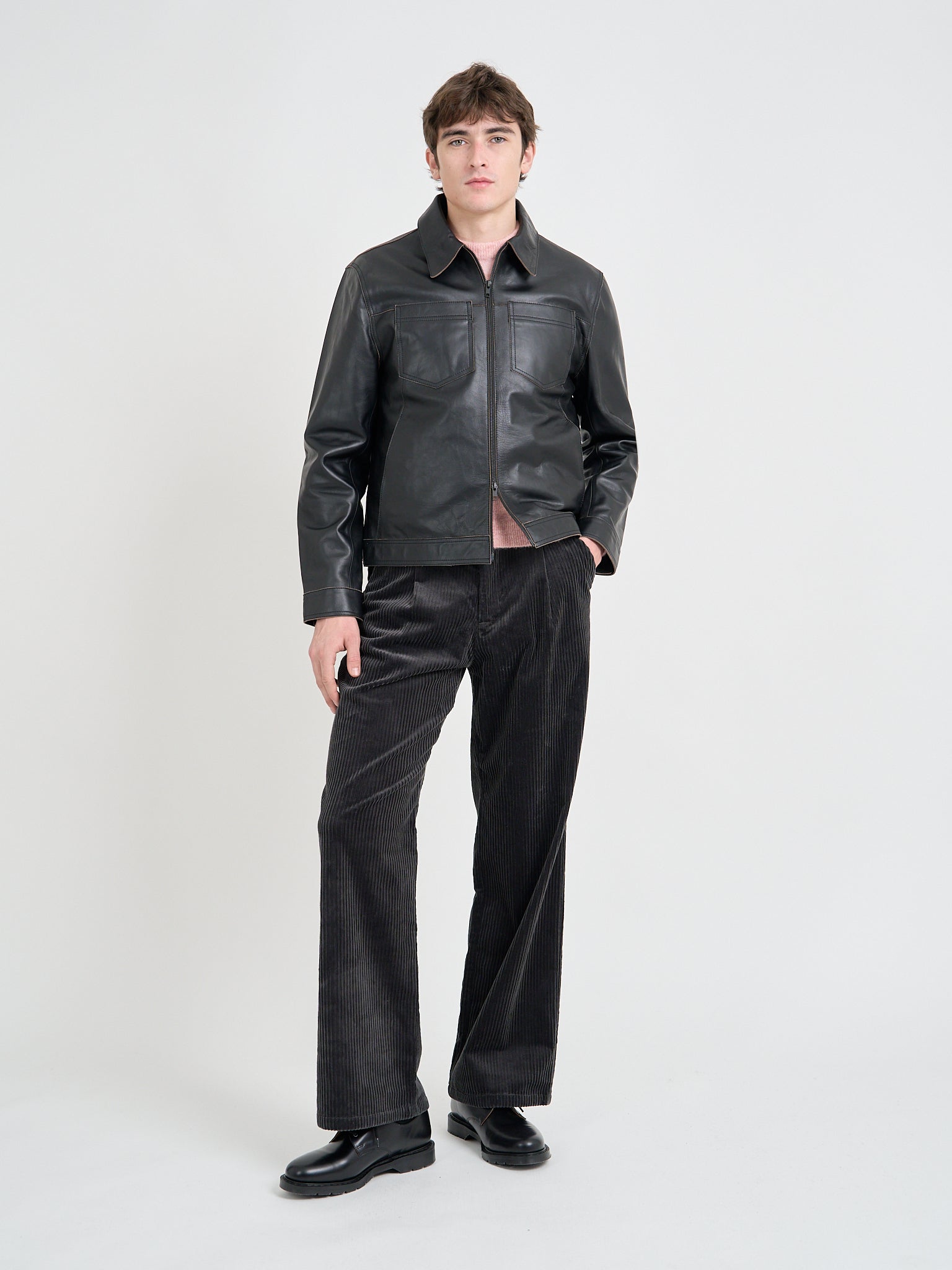 Model wearing Oliver Spencer Men's Black Leather Jacket