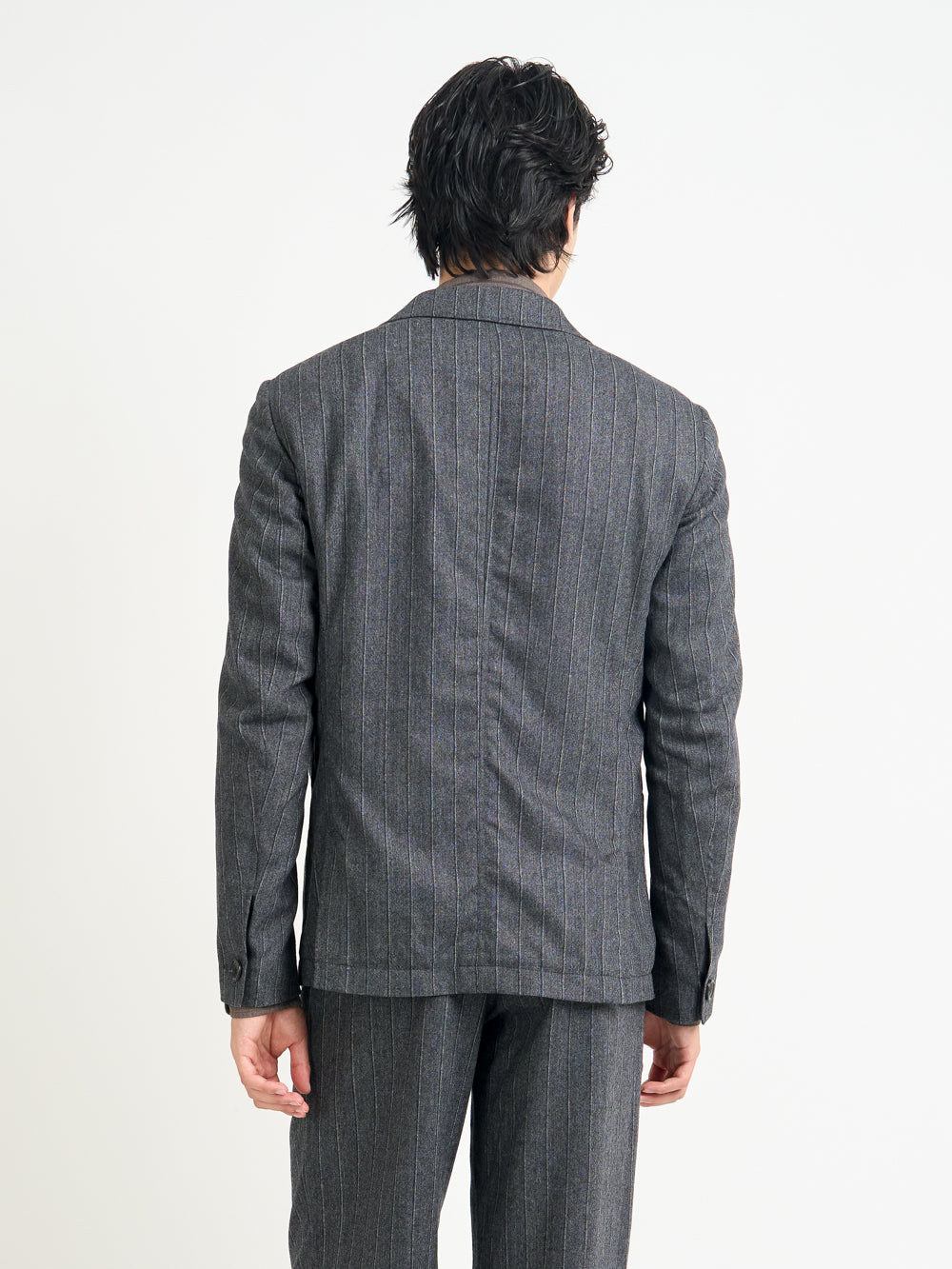 Close up back shot of Oliver Spencer Men's Unstructured Peak Lapel Grey Striped Jacket
