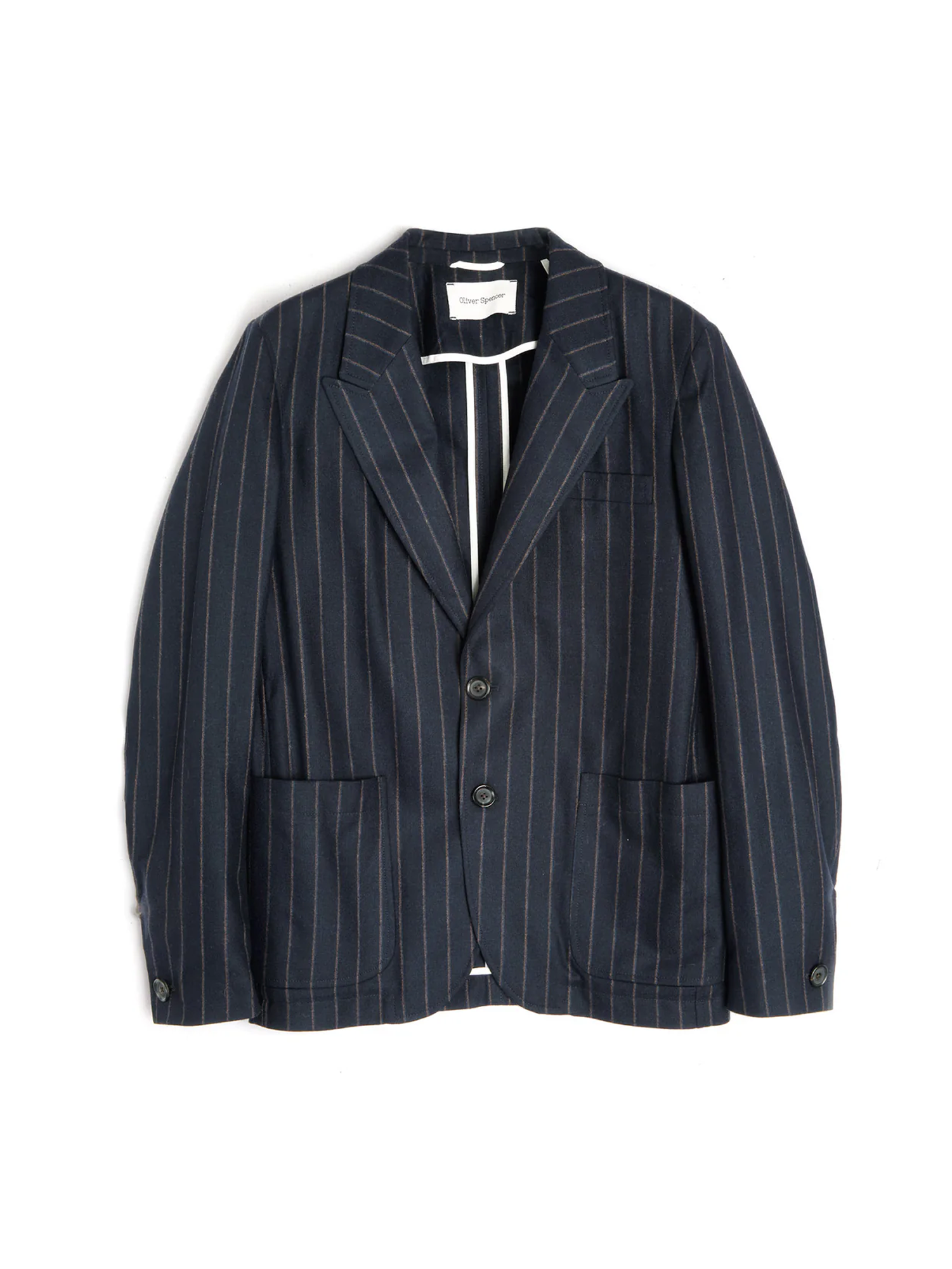 Oliver Spencer Men's Unstructured Peak Lapel Navy Striped Jacket Flat Shot