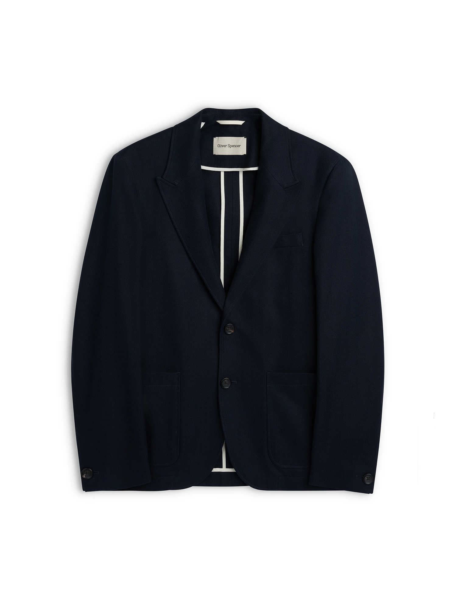Oliver Spencer Men's Unstructured Peak Lapel Navy Cotton Jacket Flat Shot