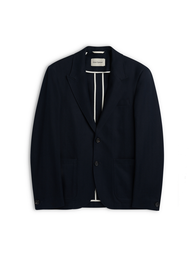 Oliver Spencer Men's Unstructured Peak Lapel Navy Cotton Jacket Flat Shot