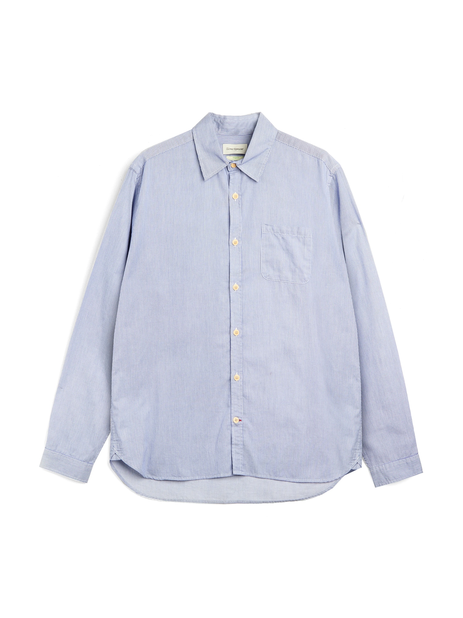 Oliver Spencer Striped Light Blue and White Spear Collar Organic Cotton Shirt Flat Shot