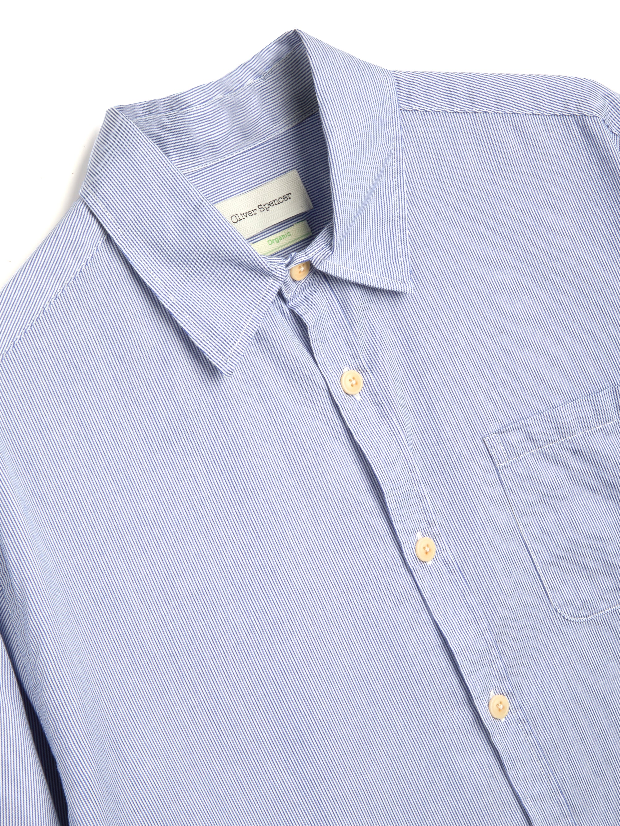 Close up collar shot of Oliver Spencer Striped Light Blue and White Spear Collar Organic Cotton Shirt