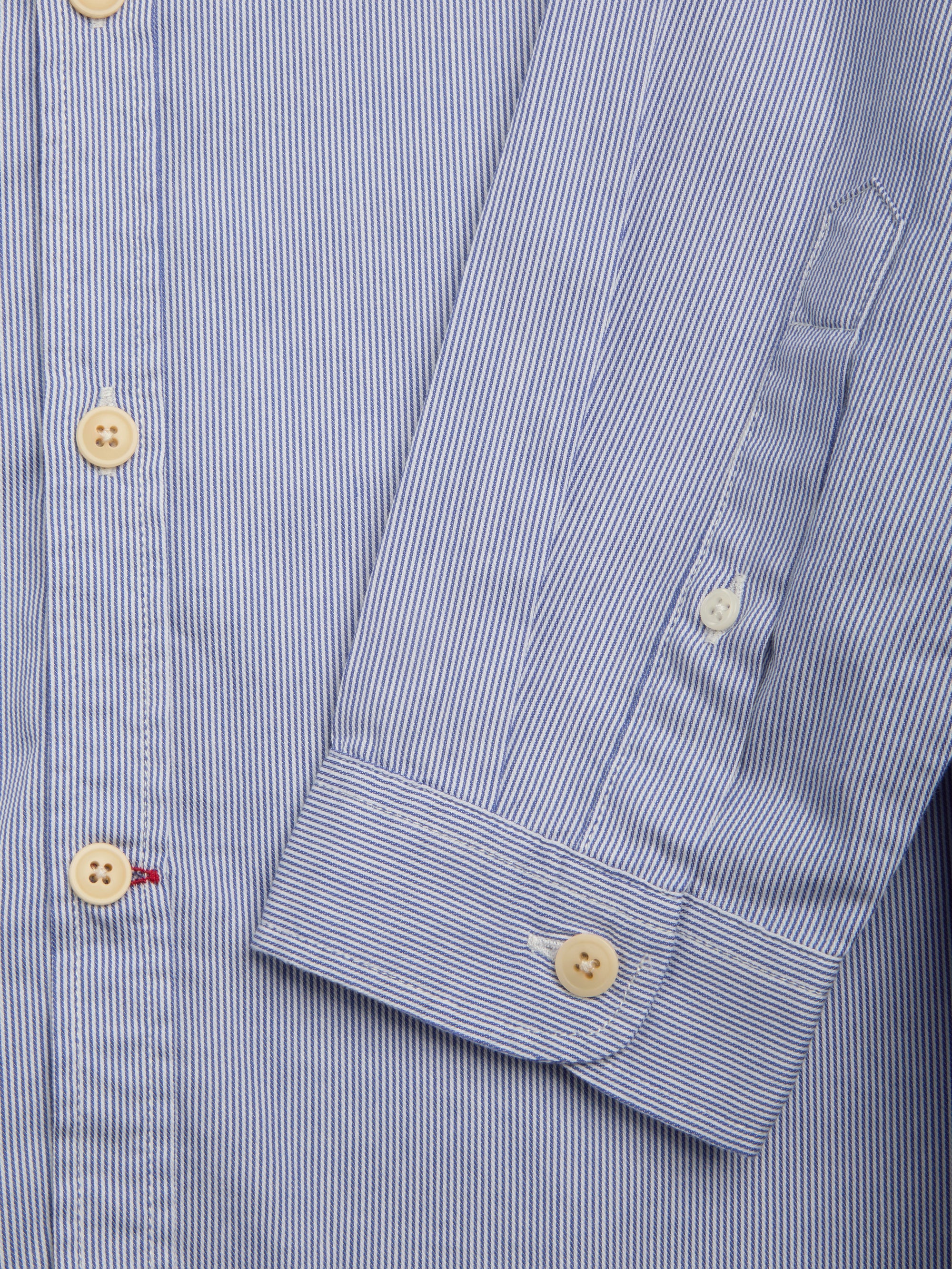 Close up cuff shot of Oliver Spencer Striped Light Blue and White Spear Collar Organic Cotton Shirt