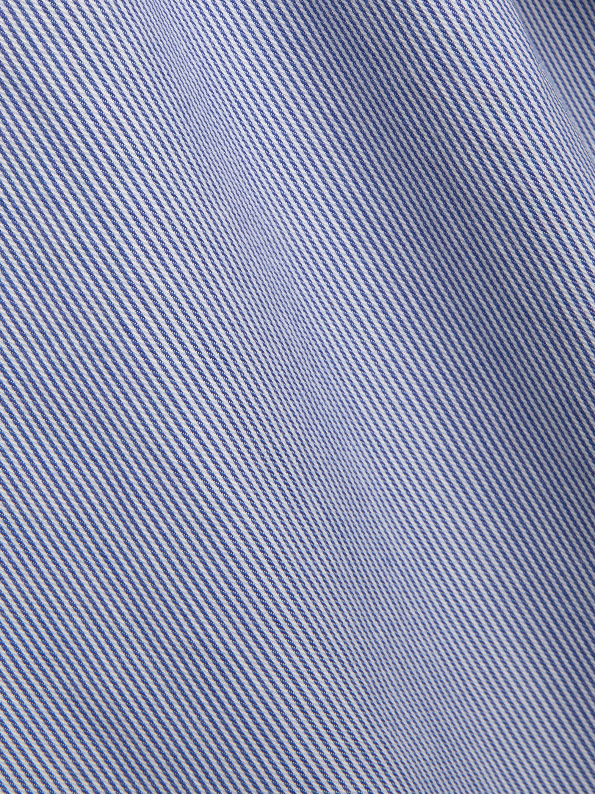 Close up material shot of Oliver Spencer Striped Light Blue and White Spear Collar Organic Cotton Shirt