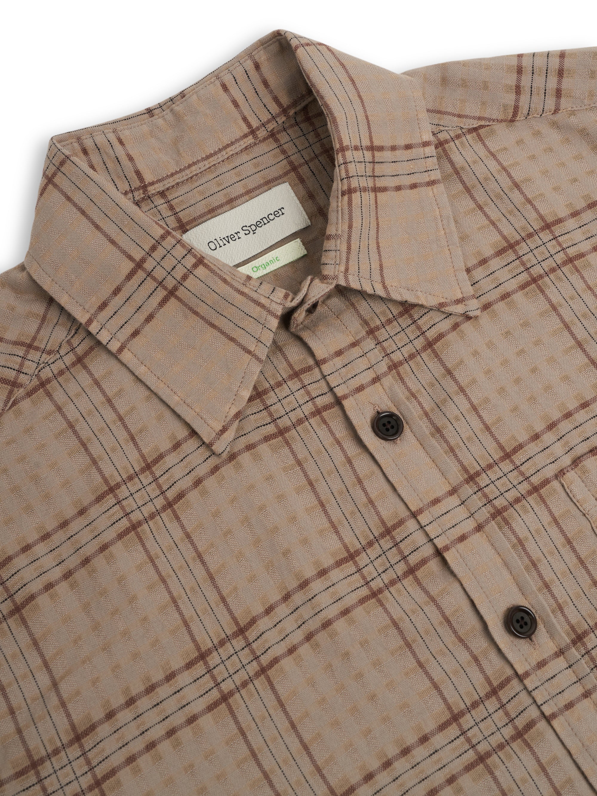 Close up collar shot of Oliver Spencer New York Special Shirt in Connell Beige