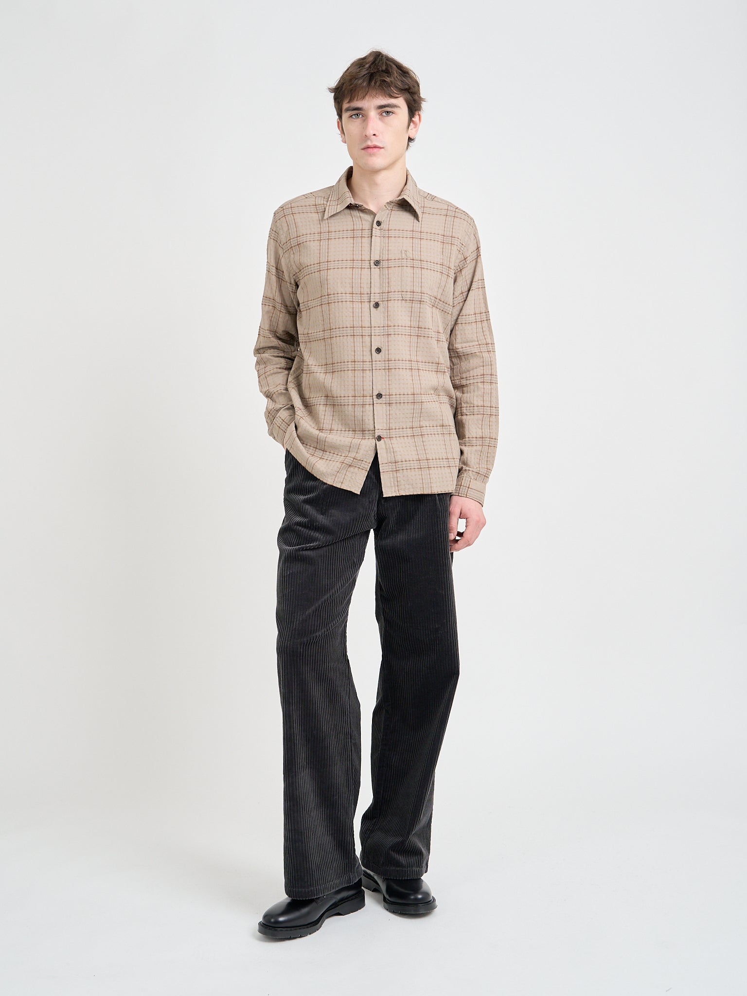 Model is wearing an Oliver Spencer New York Special Shirt in Connell Beige