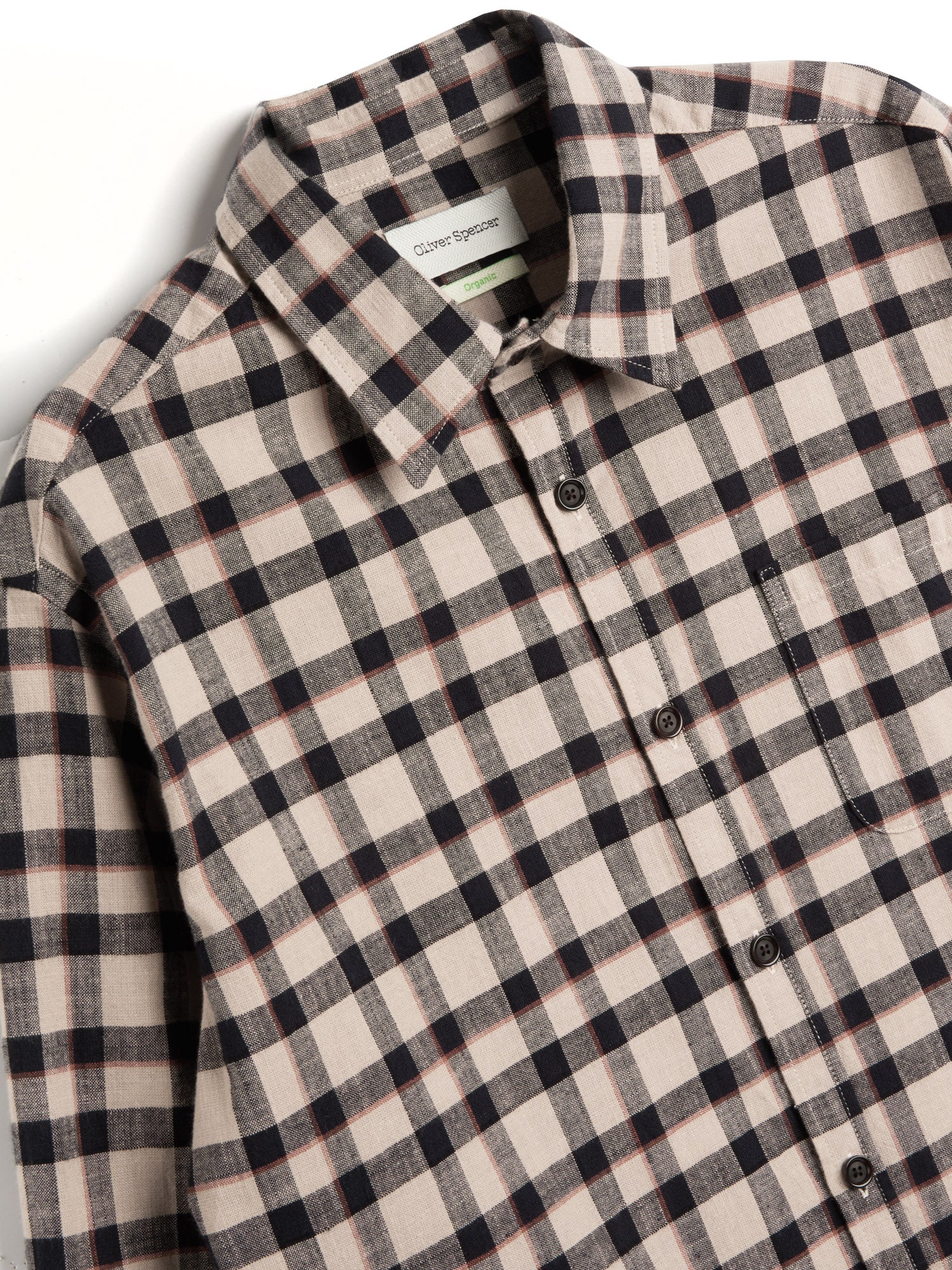 Closer Collar shot of Oliver Spencer Walden Navy Spear Collar Organic Cotton Shirt